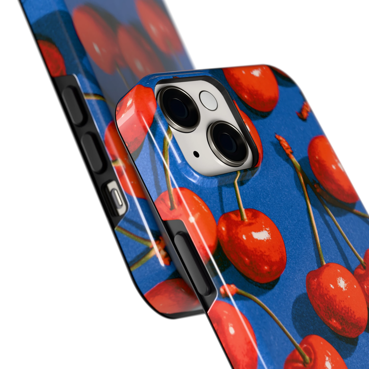 Kersen op Blauw hoesje voor iPhone 14, close-up