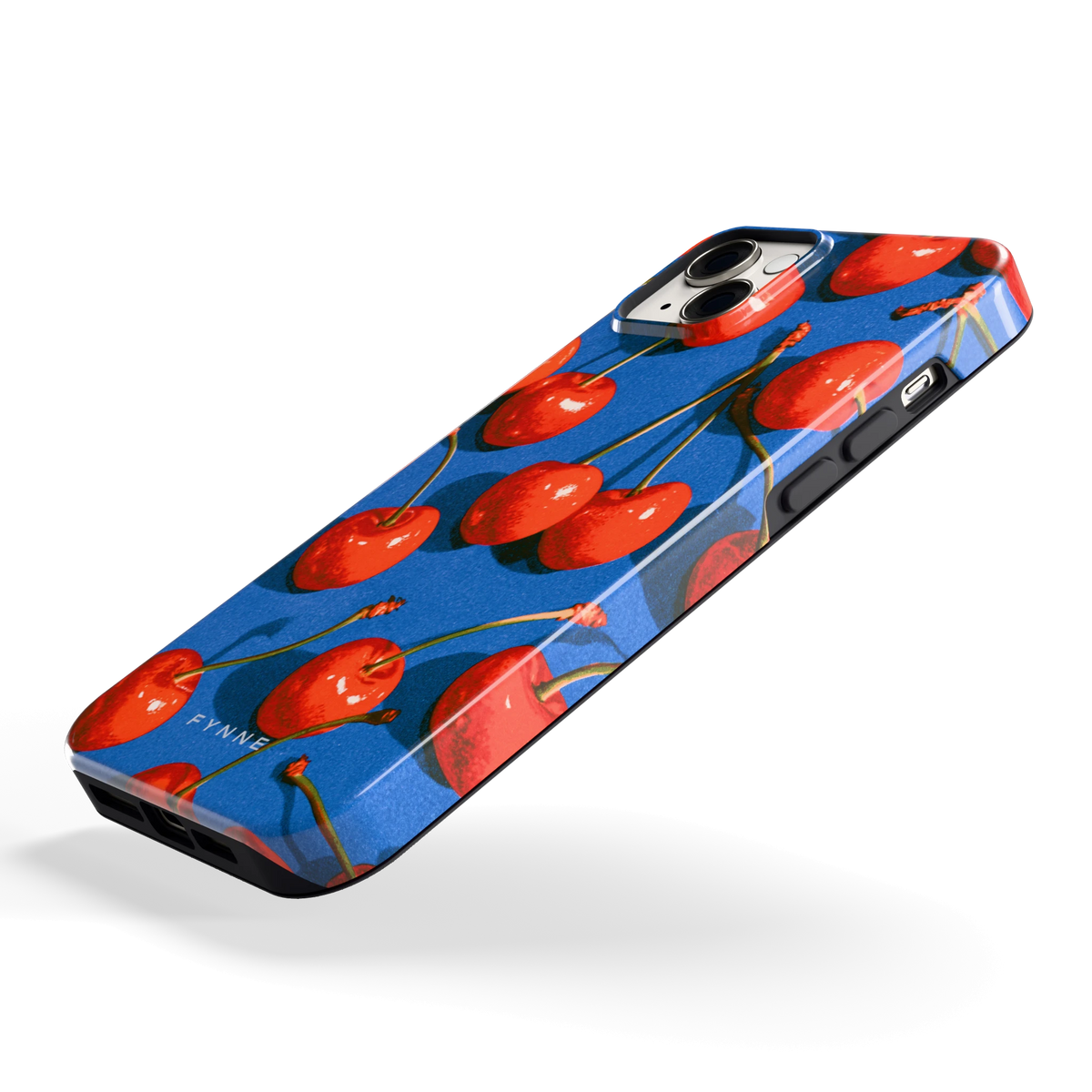 Kersen op Blauw hoesje voor iPhone 14 Plus, schuin