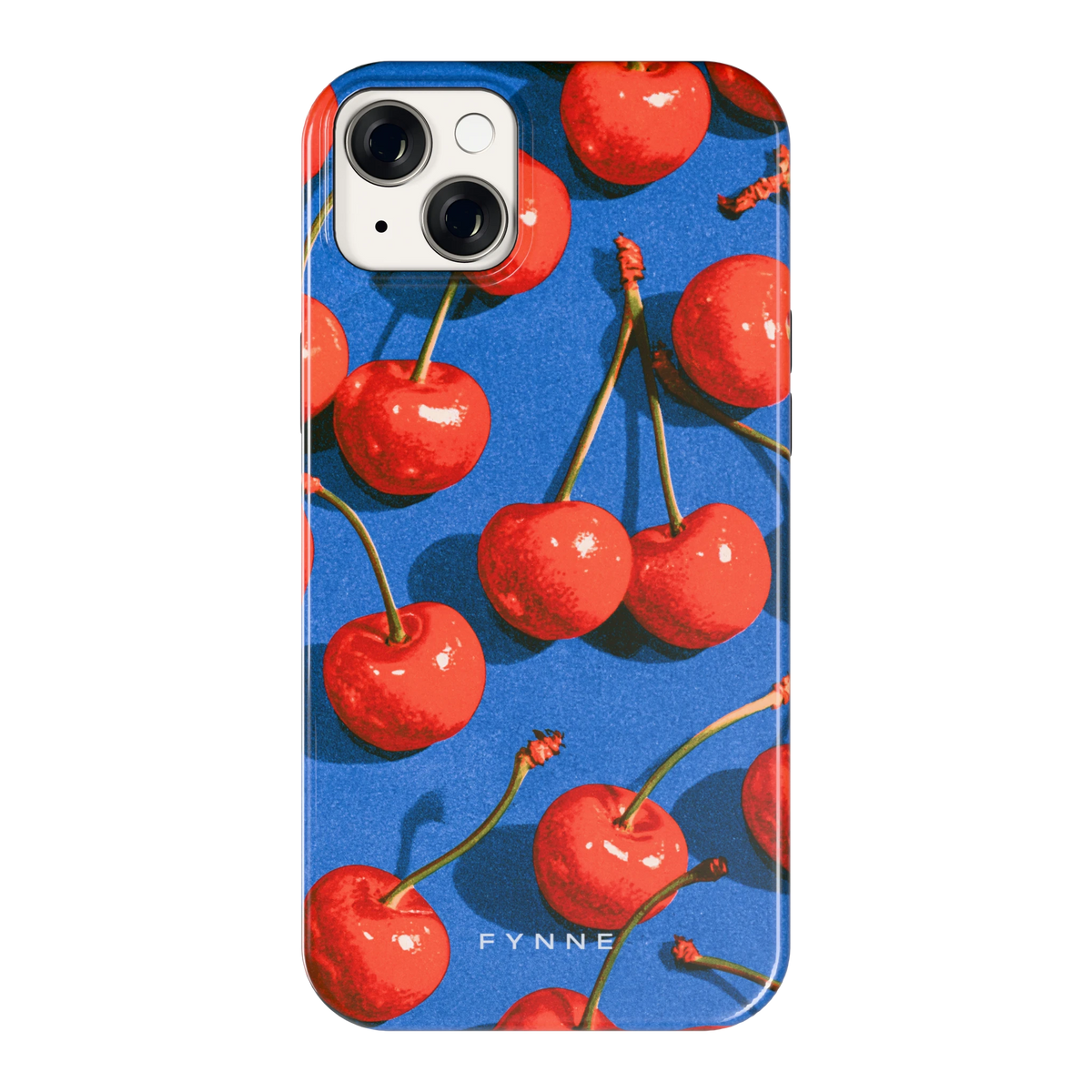 Kersen op Blauw hoesje voor iPhone 14 Plus, achterkant
