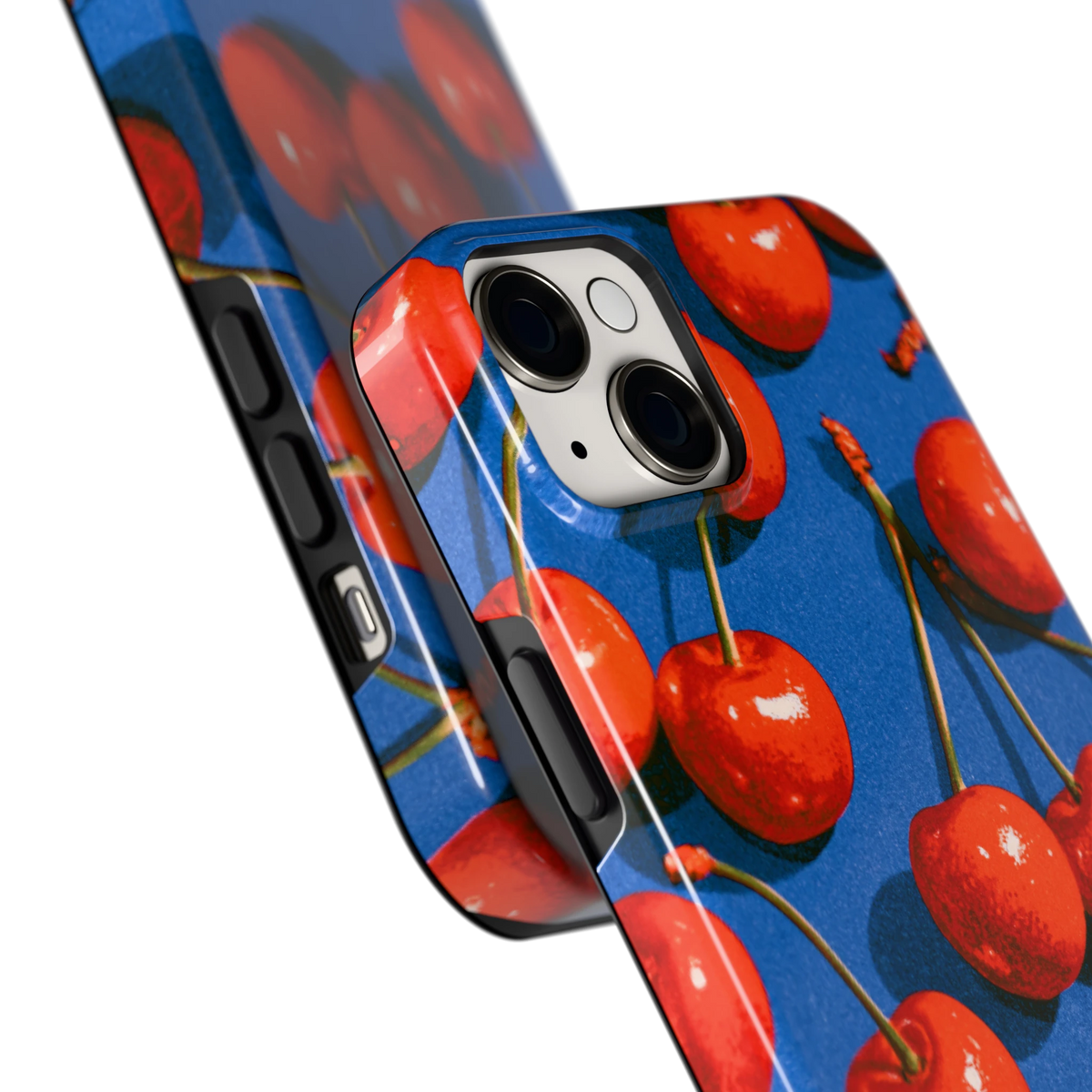 Kersen op Blauw hoesje voor iPhone 14 Plus, close-up