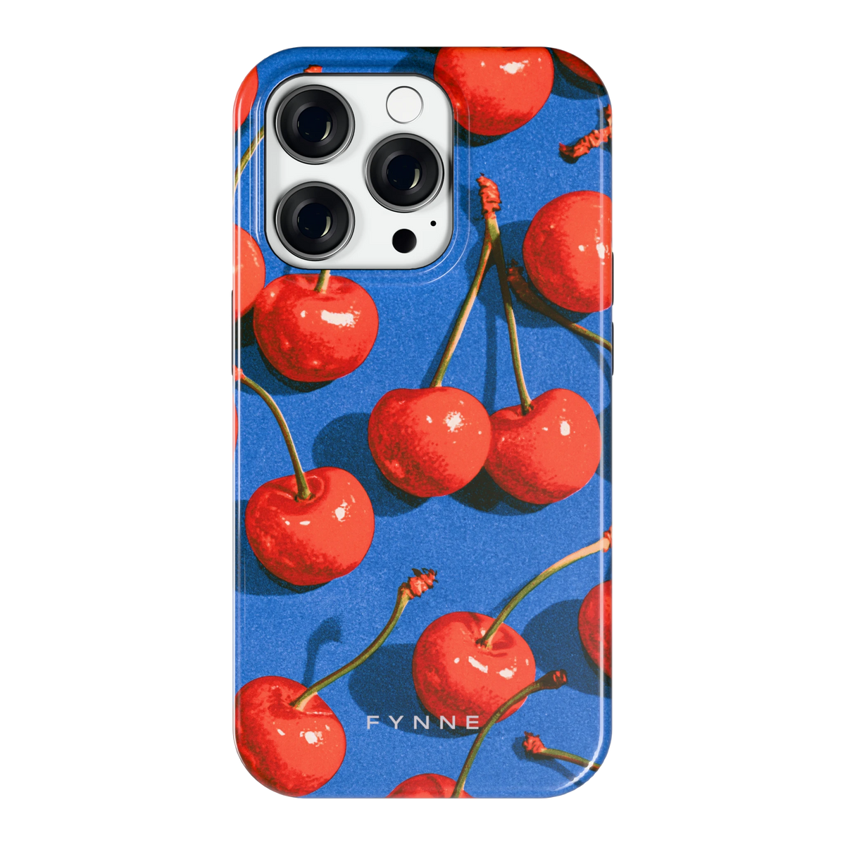 Kersen op Blauw hoesje voor iPhone 14 Pro, achterkant