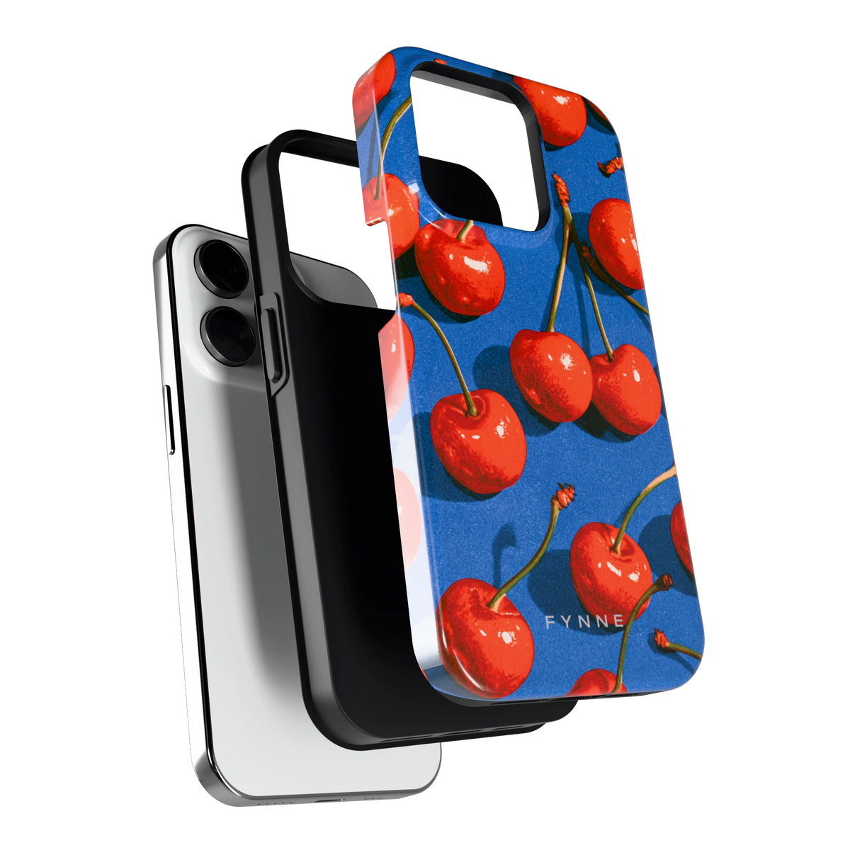 Kersen op Blauw hoesje voor iPhone 14 Pro, los van de telefoon