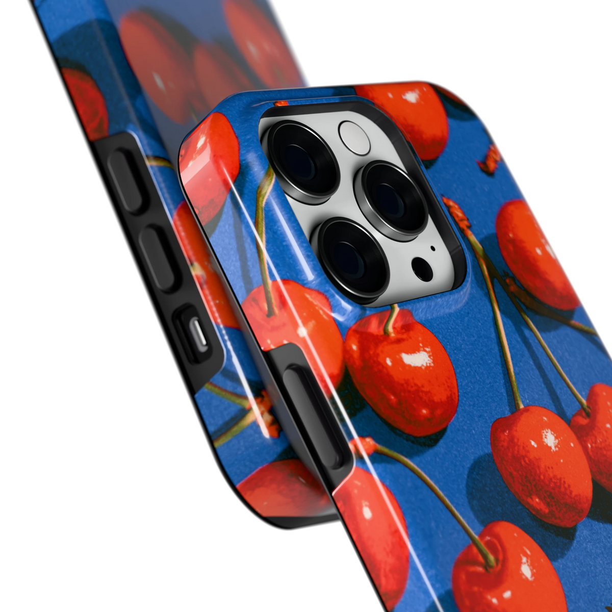 Kersen op Blauw hoesje voor iPhone 14 Pro, close-up