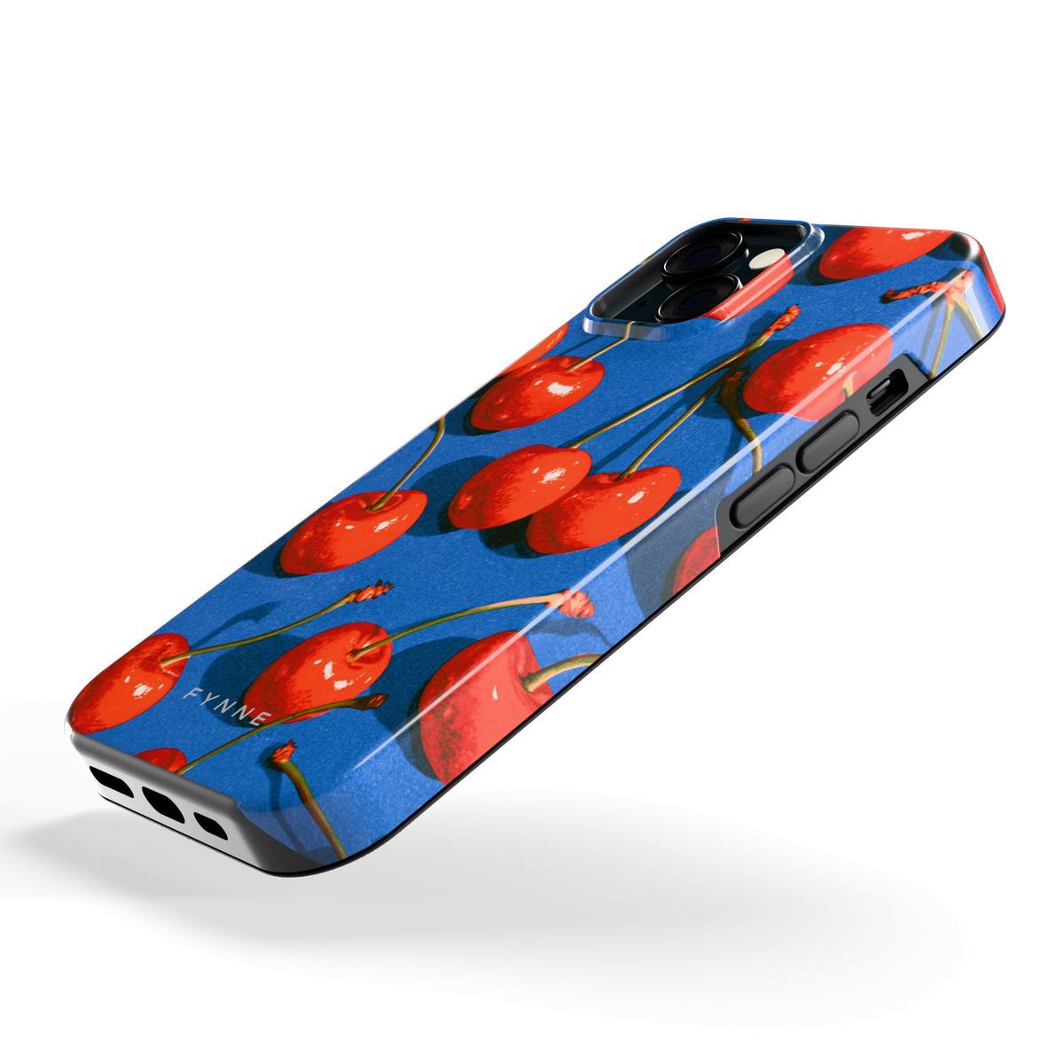 Kersen op Blauw hoesje voor iPhone 15, schuin