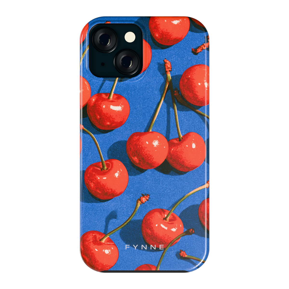 Kersen op Blauw hoesje voor iPhone 15, achterkant