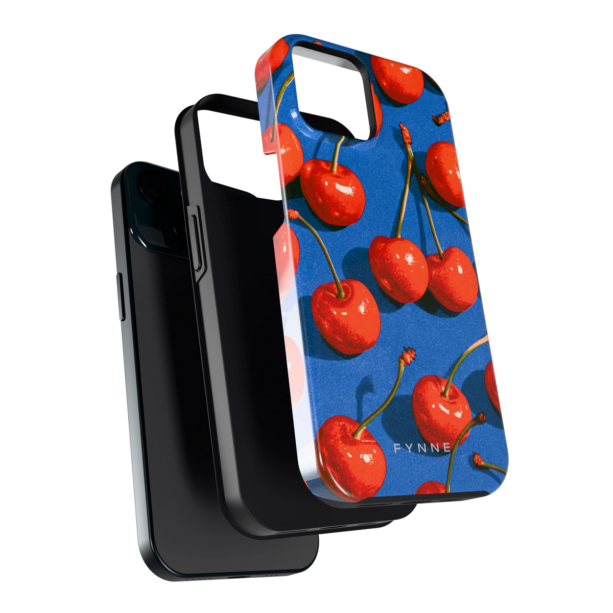 Kersen op Blauw hoesje voor iPhone 15, los van de telefoon