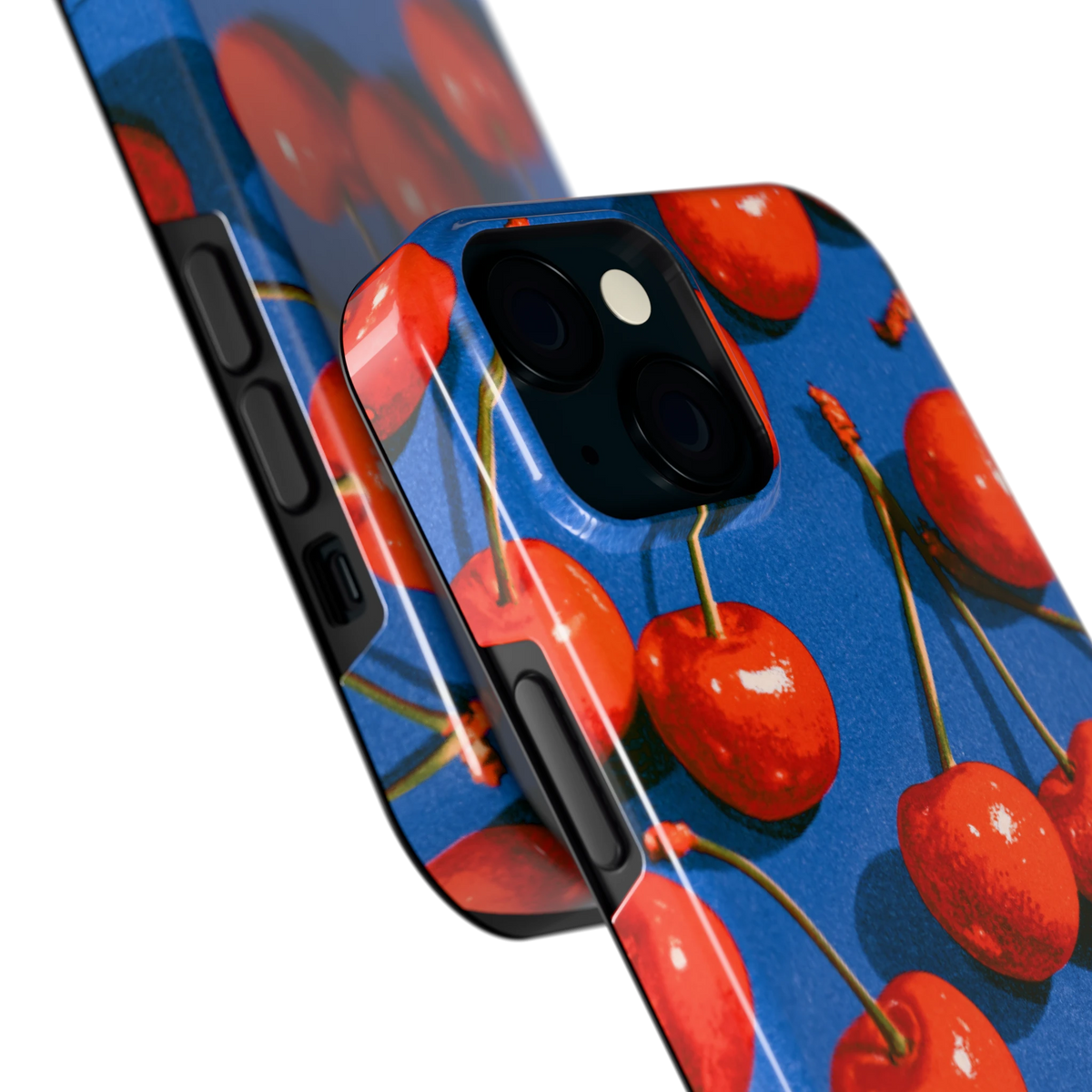 Kersen op Blauw hoesje voor iPhone 15, close-up