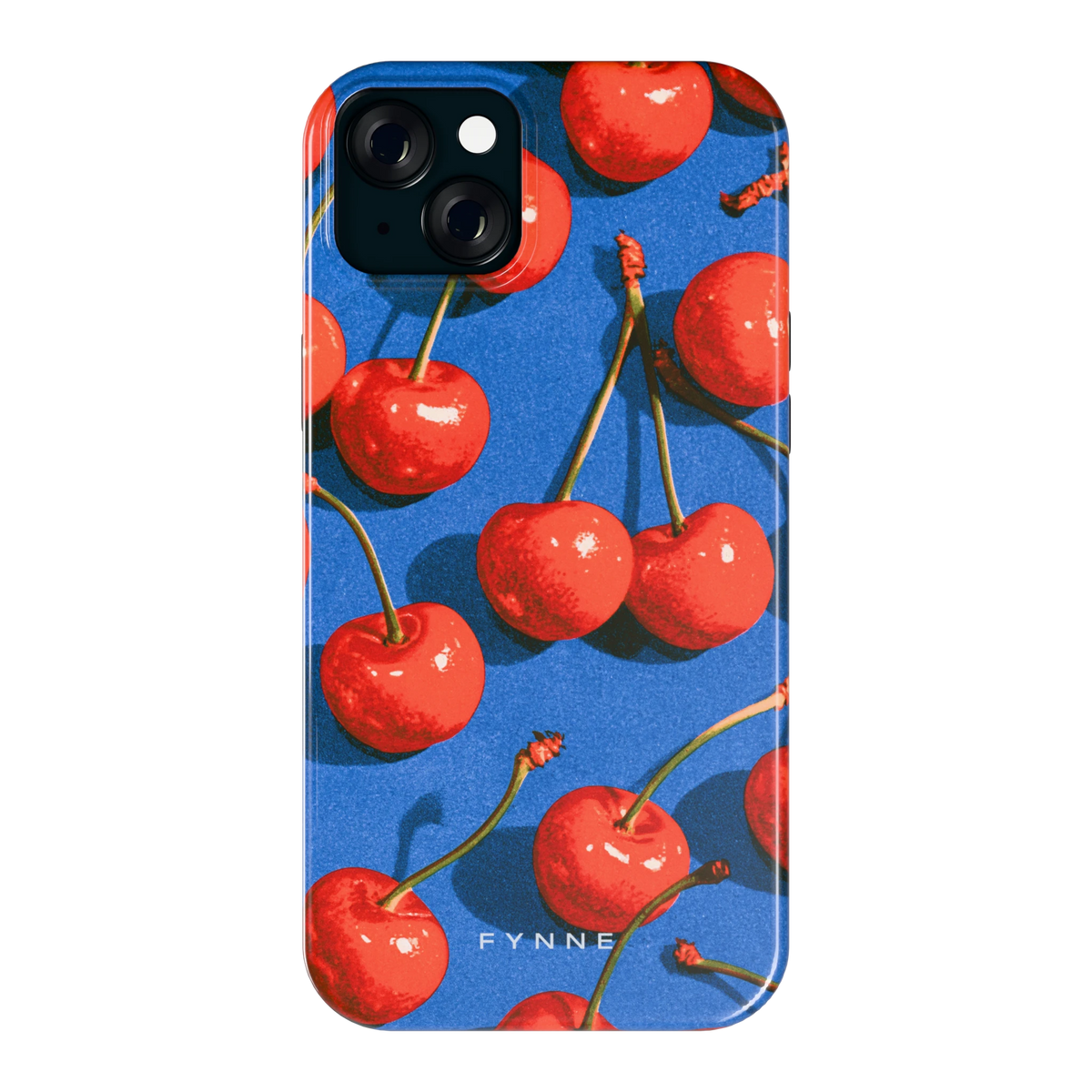 Kersen op Blauw hoesje voor iPhone 15 Plus, achterkant