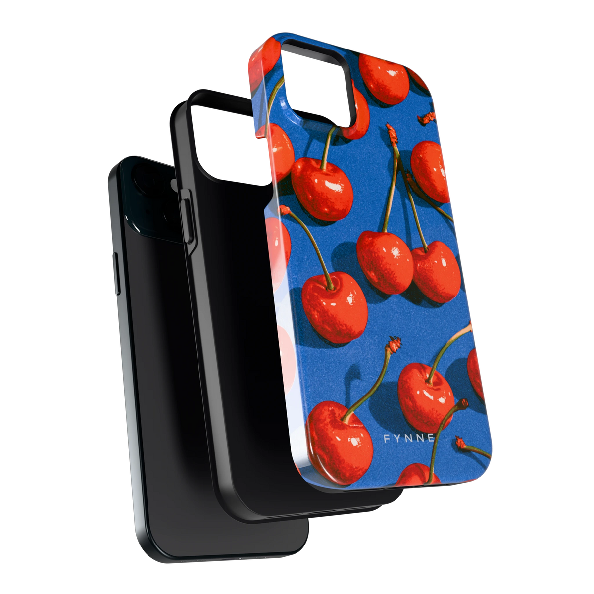 Kersen op Blauw hoesje voor iPhone 15 Plus, los van de telefoon