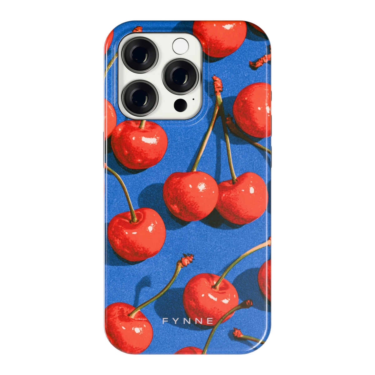 Kersen op Blauw hoesje voor iPhone 15 Pro, achterkant