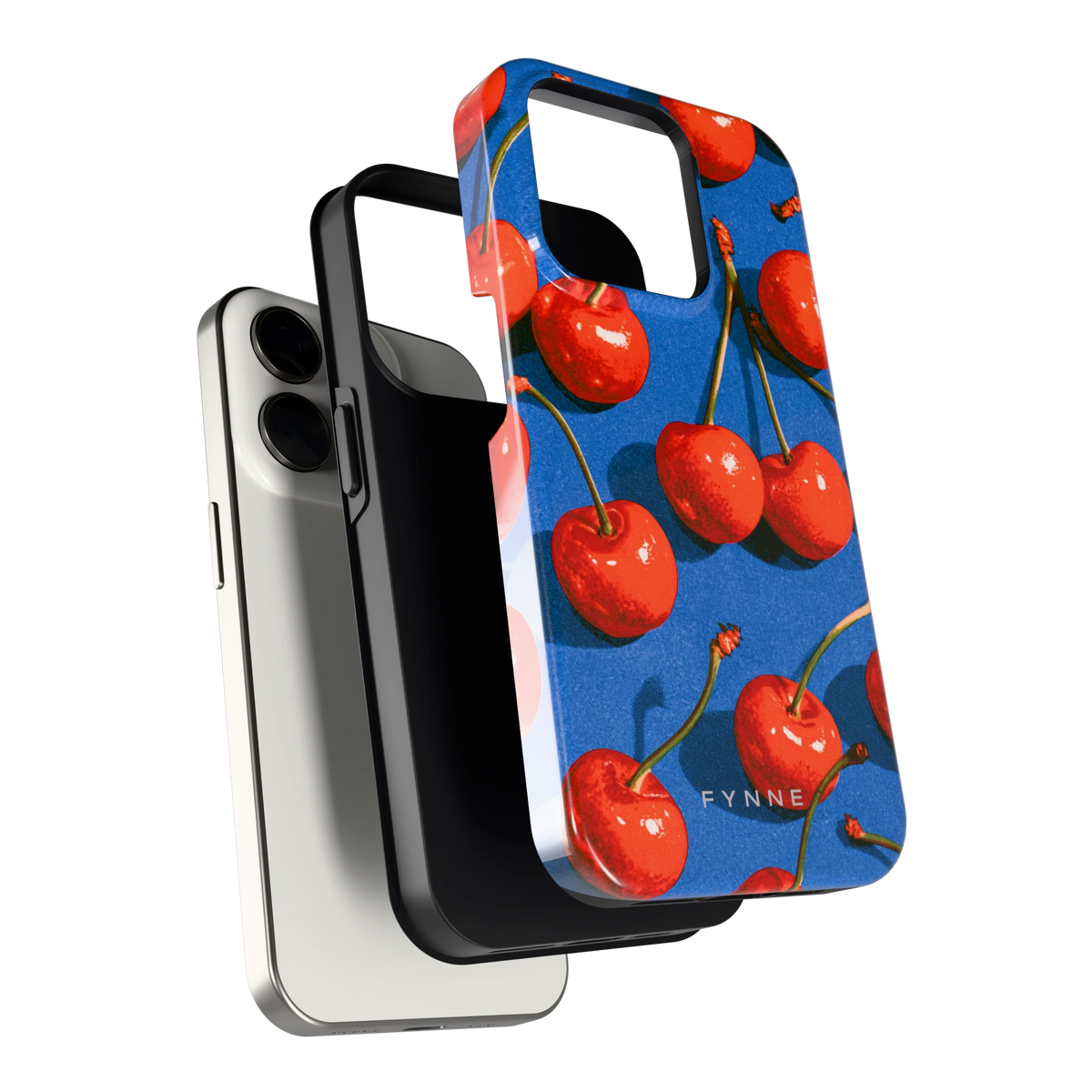 Kersen op Blauw hoesje voor iPhone 15 Pro, los van de telefoon