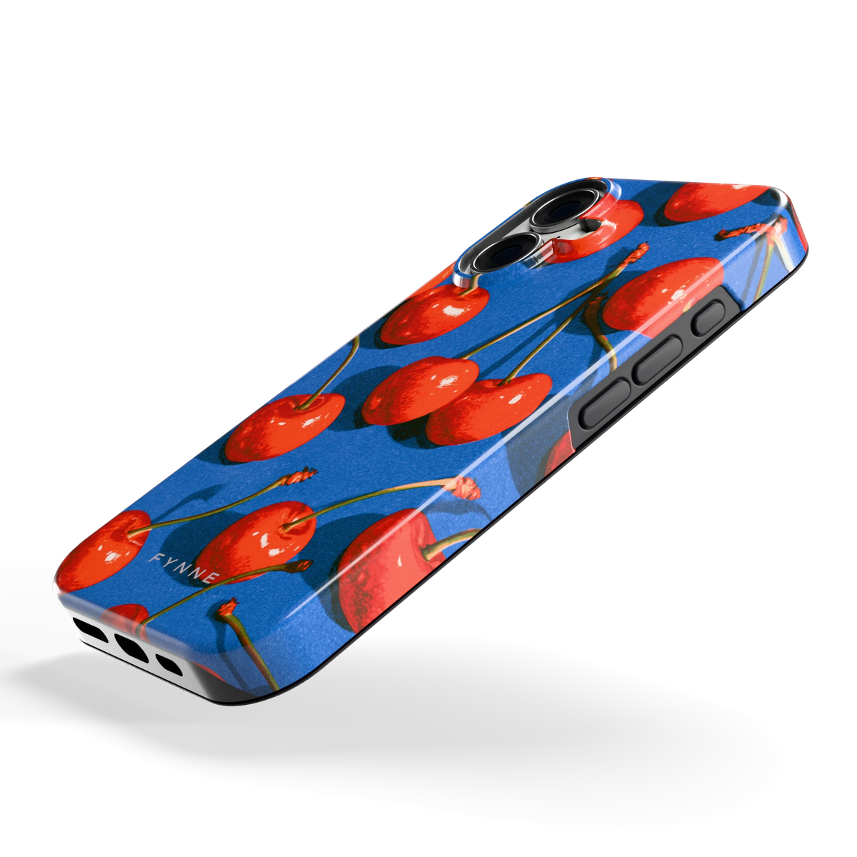 Kersen op Blauw hoesje voor iPhone 16, schuin