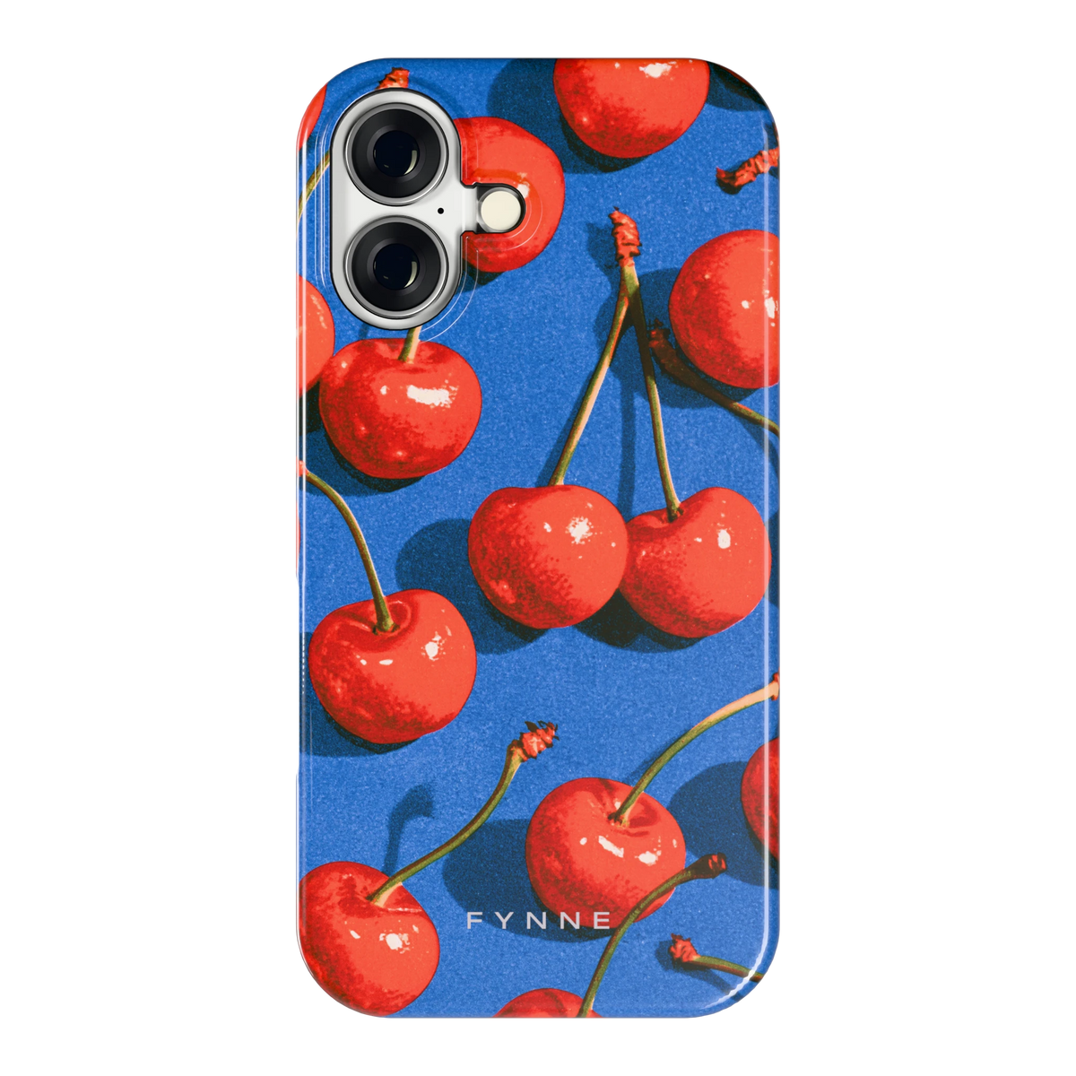 Kersen op Blauw hoesje voor iPhone 16, achterkant