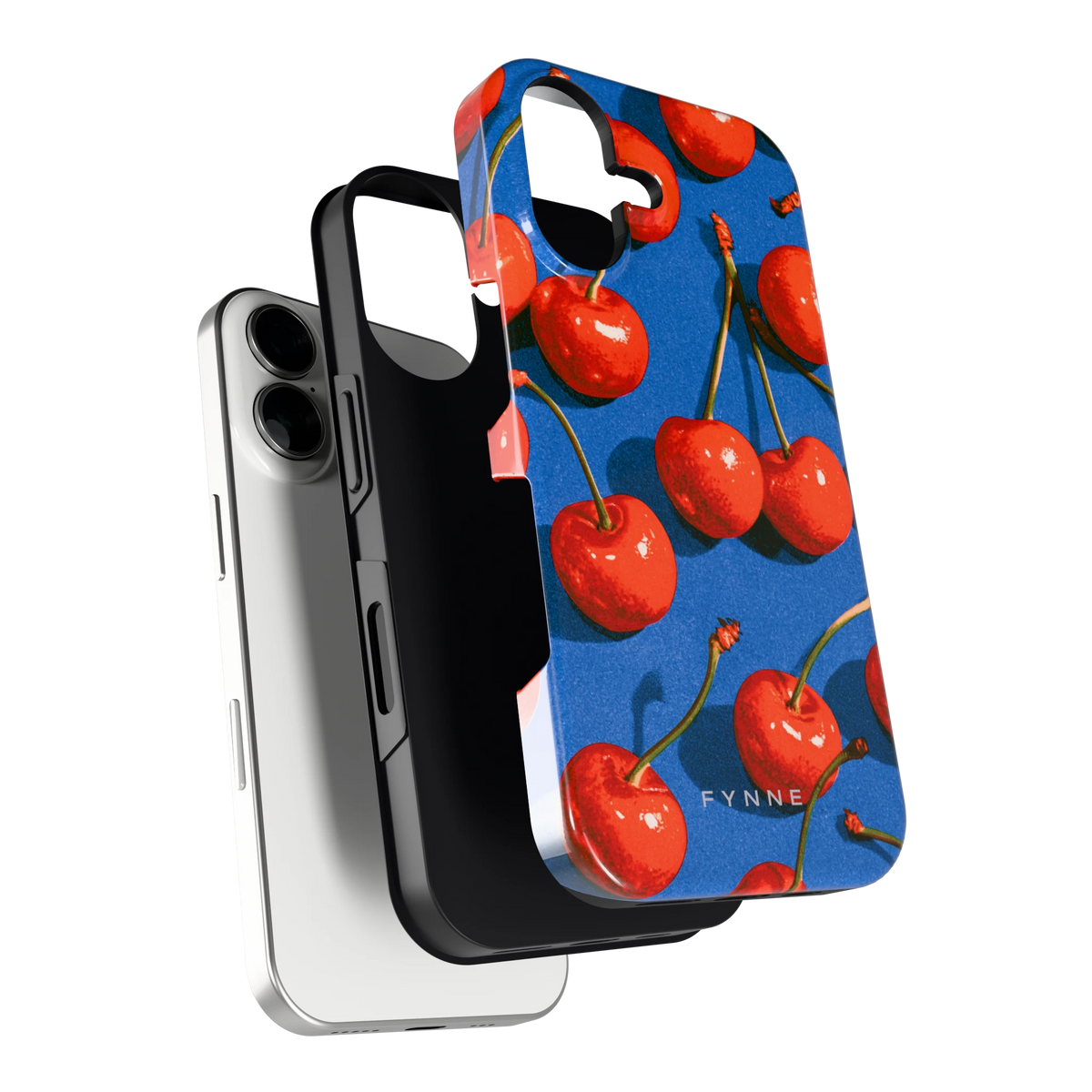 Kersen op Blauw hoesje voor iPhone 16, los van de telefoon