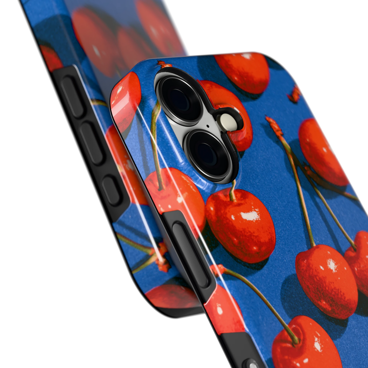 Kersen op Blauw hoesje voor iPhone 16, close-up