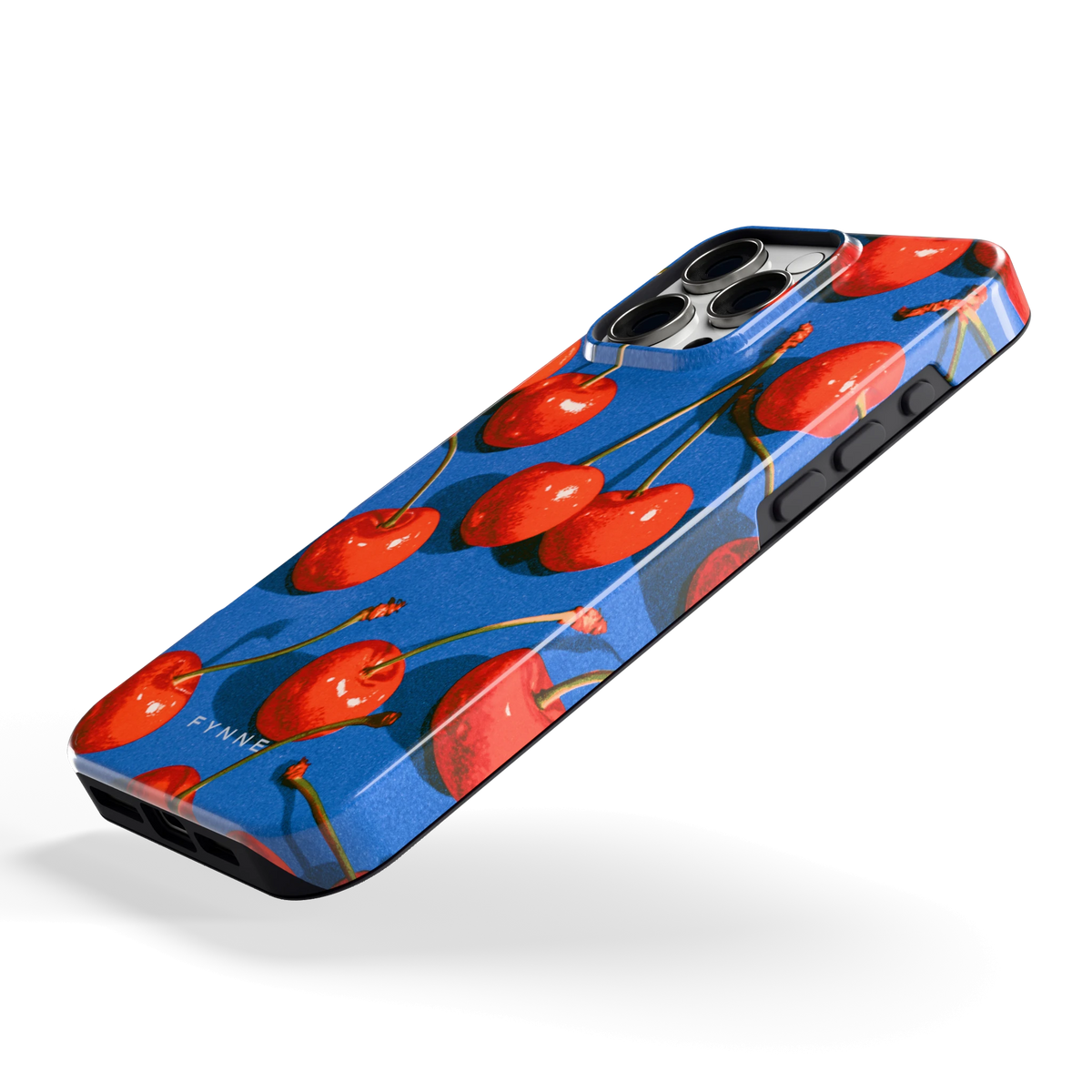 Kersen op Blauw hoesje voor iPhone 16 Pro Max, schuin