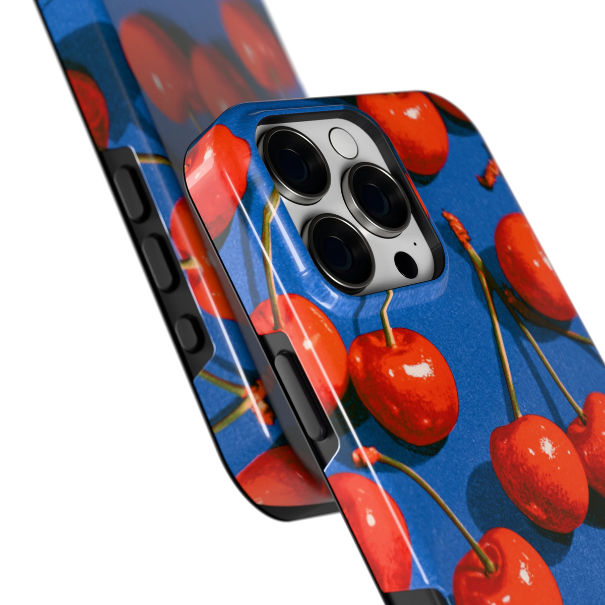Kersen op Blauw hoesje voor iPhone 16 Pro Max, close-up
