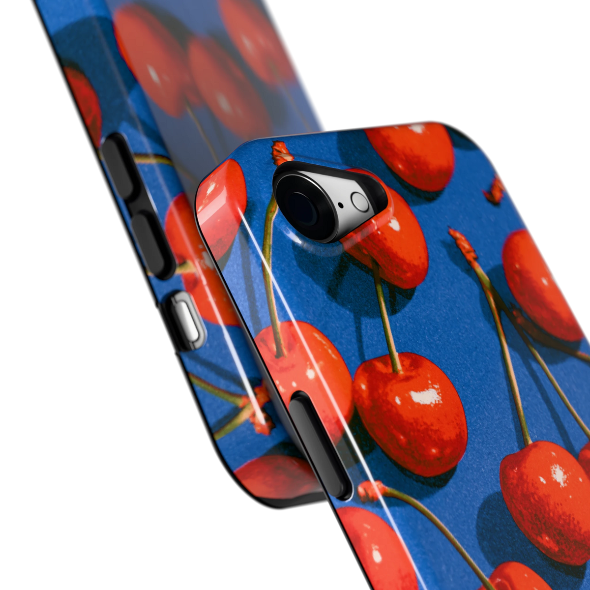 Kersen op Blauw hoesje voor iPhone 16e, close-up