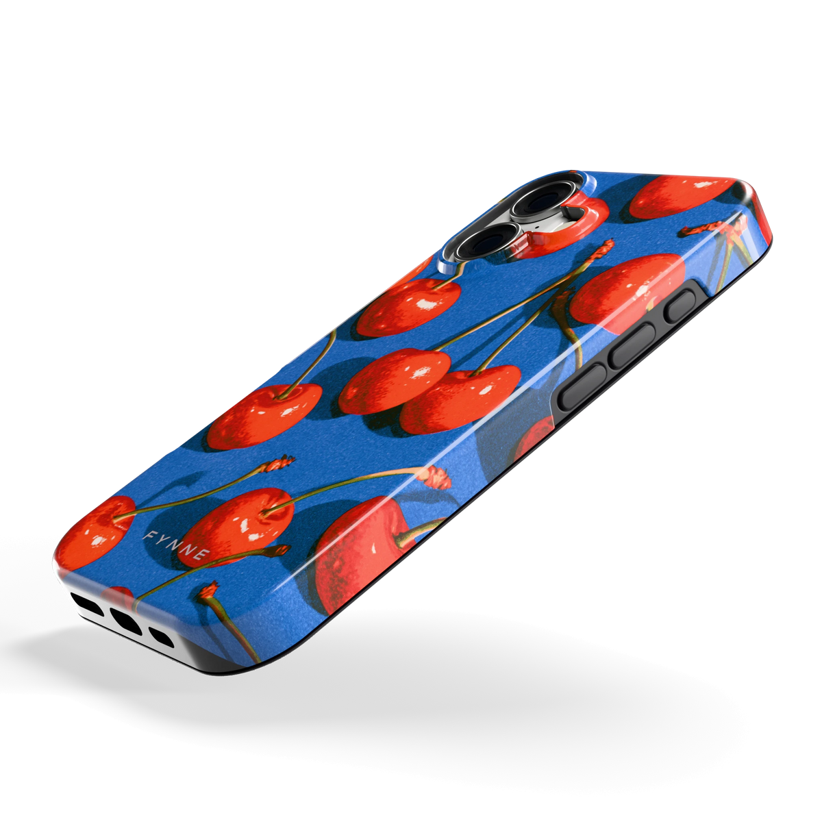 Kersen op Blauw hoesje voor iPhone 17, schuin