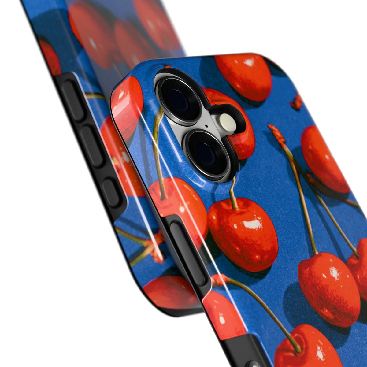 Kersen op Blauw hoesje voor iPhone 17, close-up