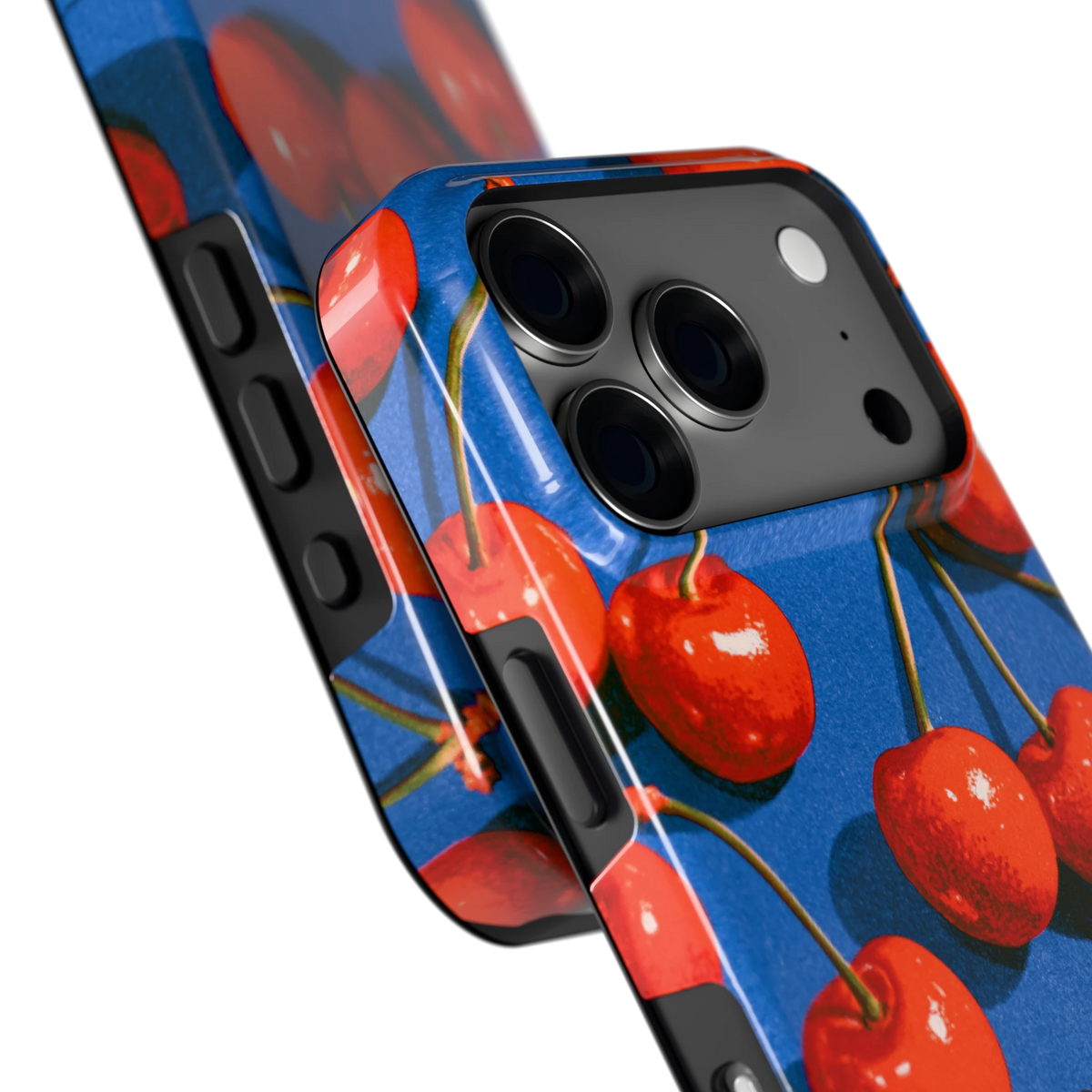 Kersen op Blauw hoesje voor iPhone 18 Pro, close-up