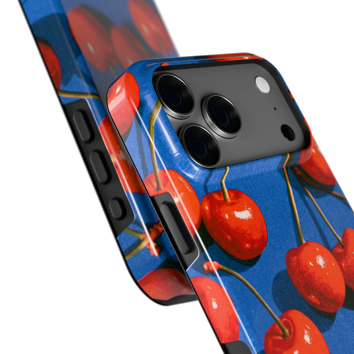Kersen op Blauw hoesje voor iPhone 18 Pro Max, close-up