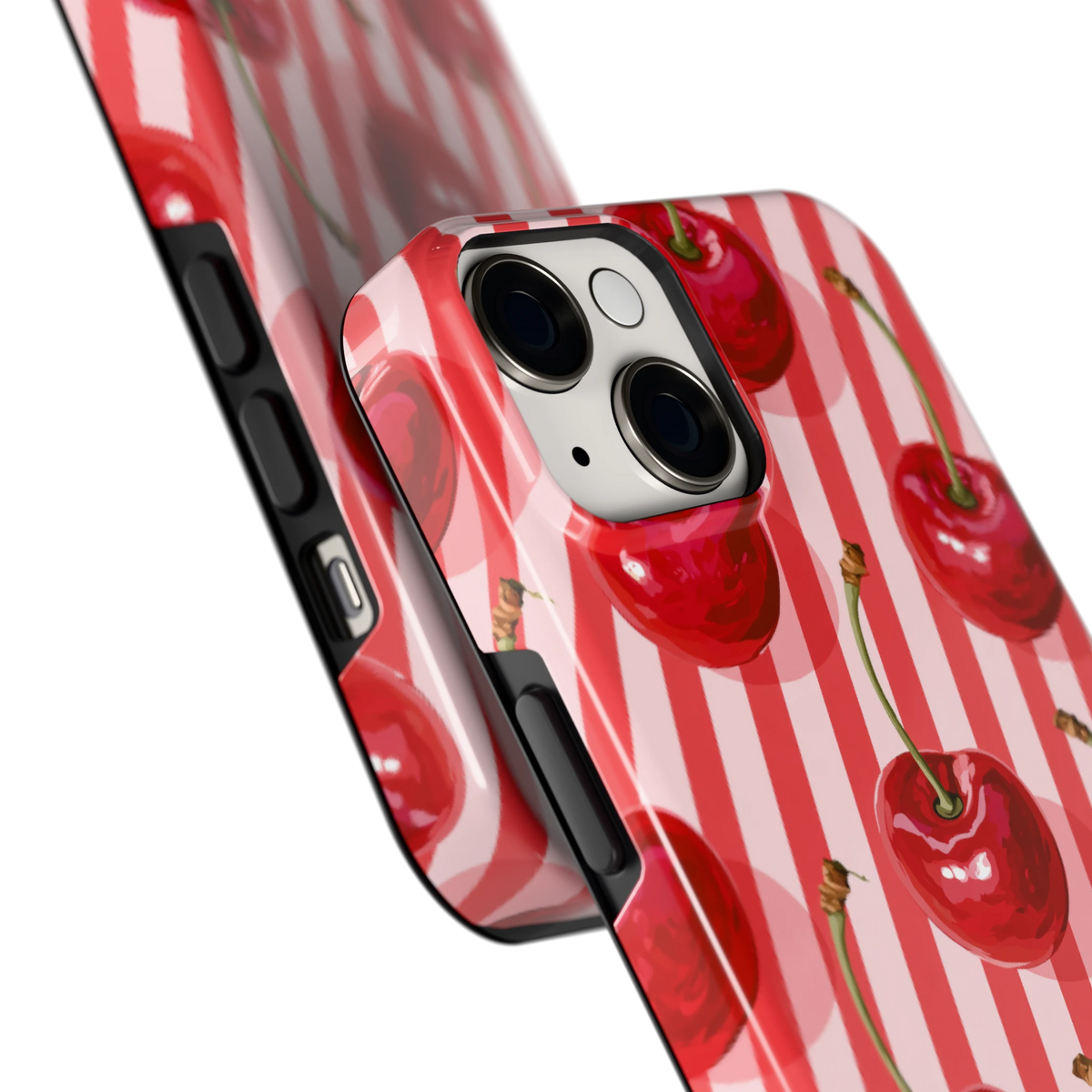 Kersenstreep hoesje voor iPhone 14, close-up
