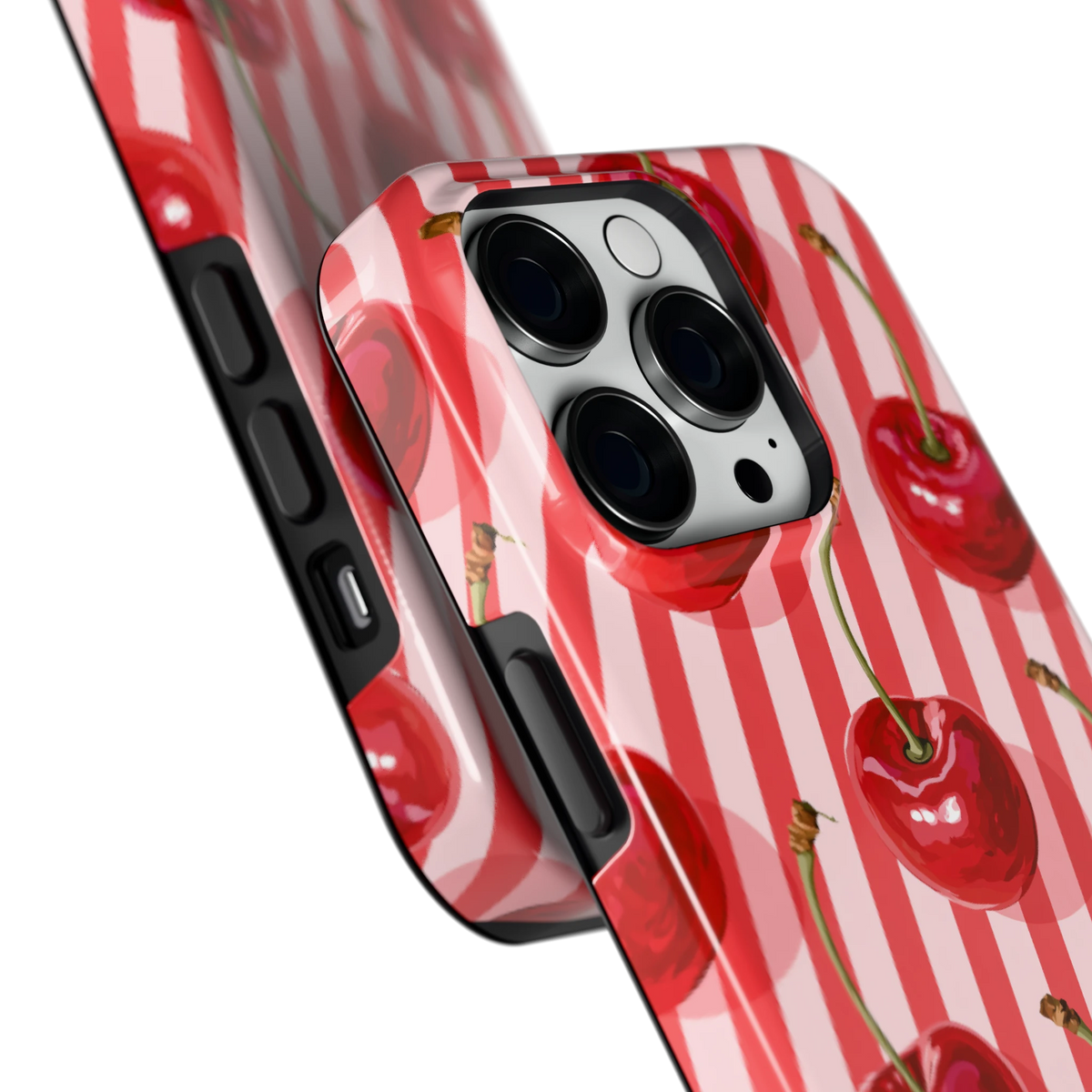 Kersenstreep hoesje voor iPhone 14 Pro, close-up