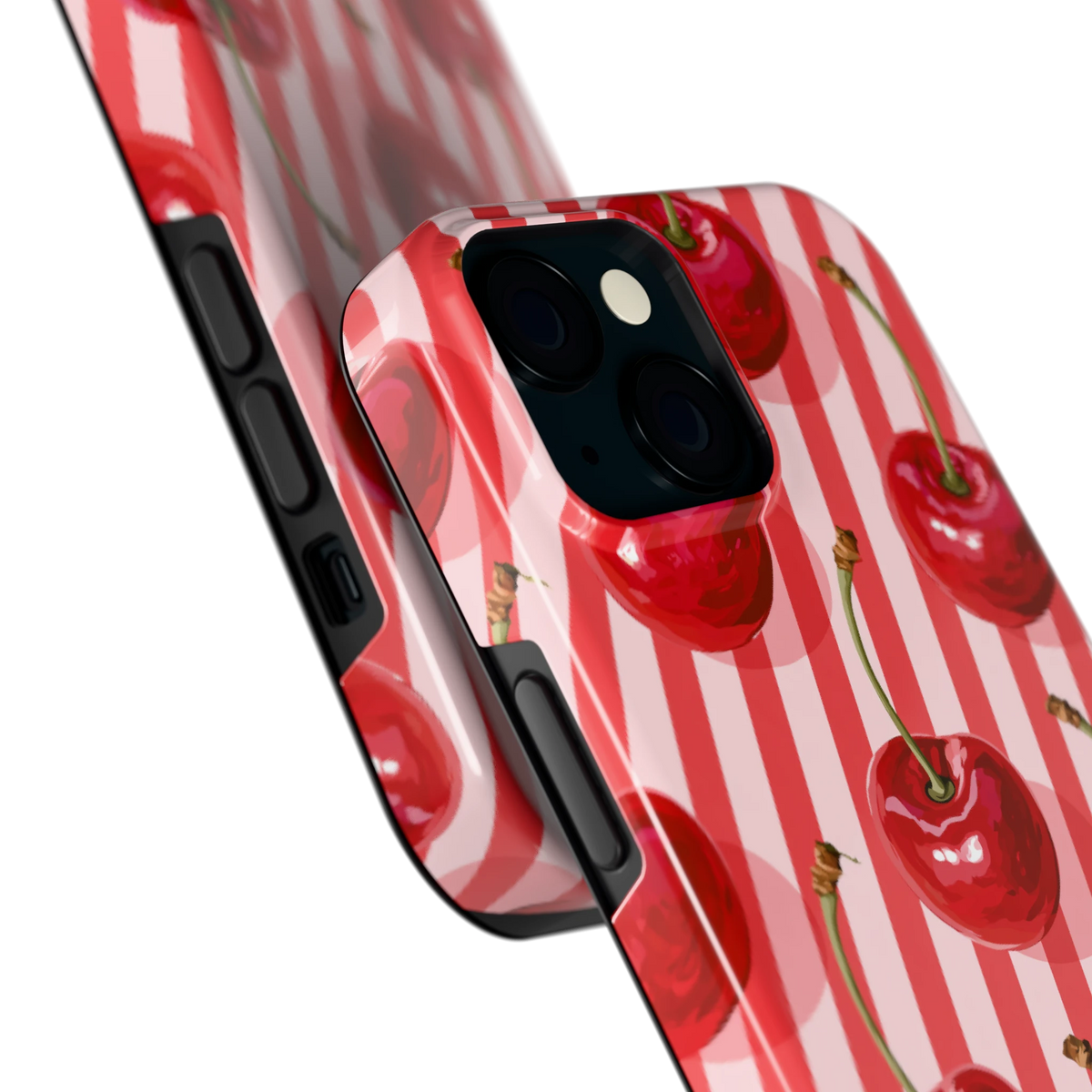 Kersenstreep hoesje voor iPhone 15, close-up
