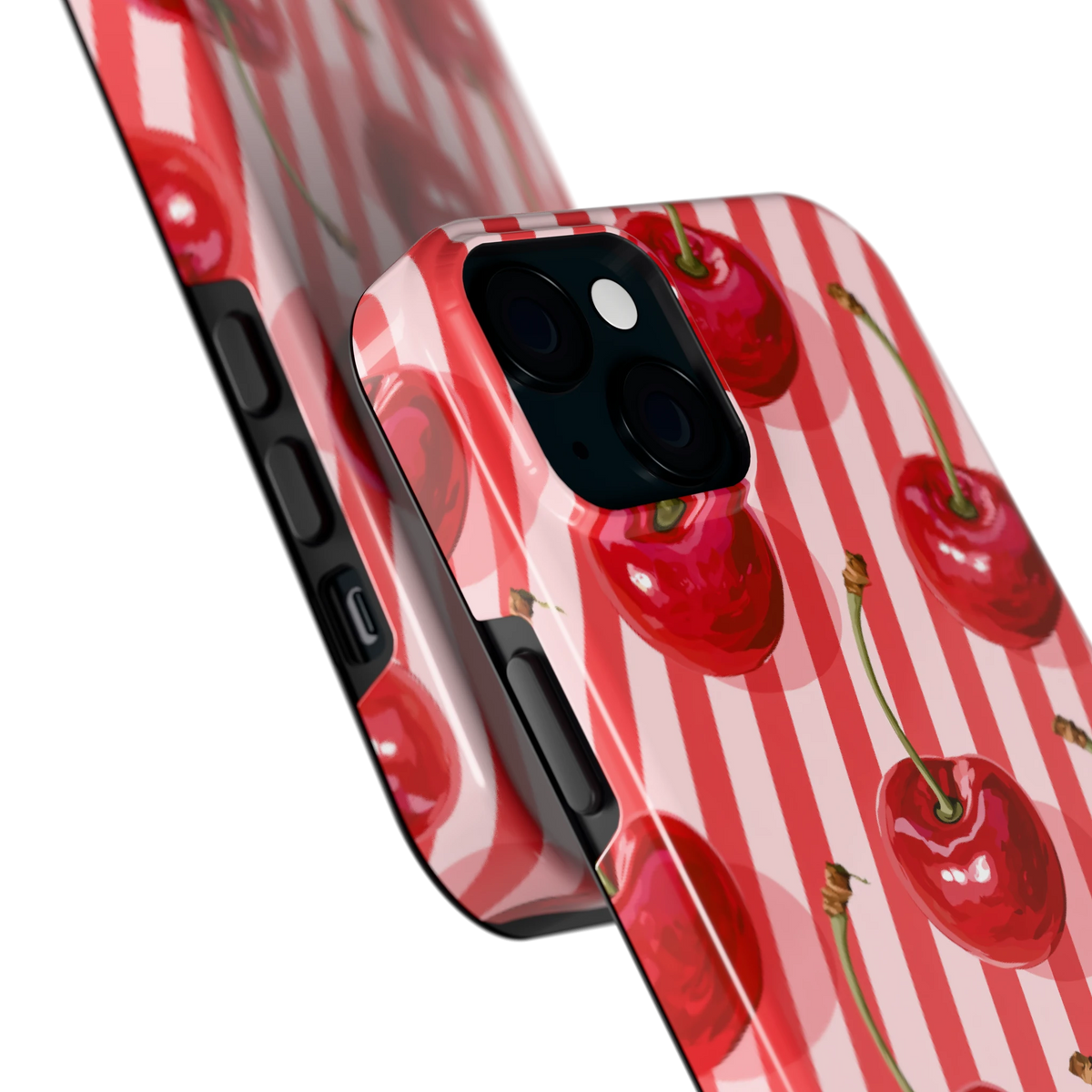 Kersenstreep hoesje voor iPhone 15 Plus, close-up