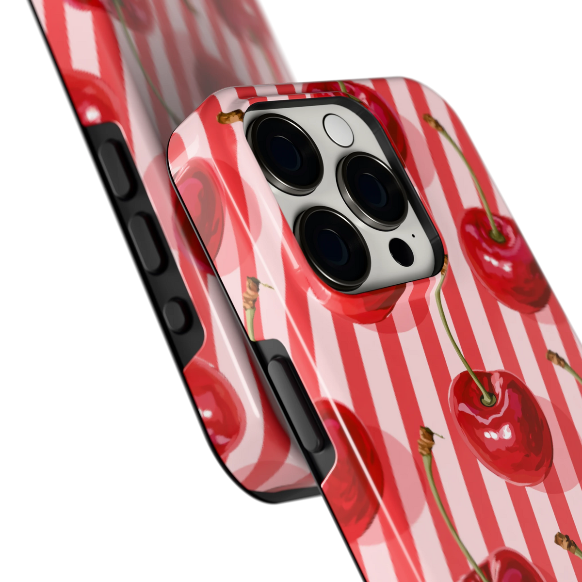Kersenstreep hoesje voor iPhone 15 Pro, close-up