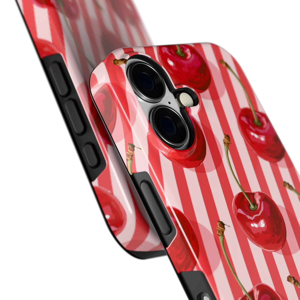 Kersenstreep hoesje voor iPhone 16, close-up