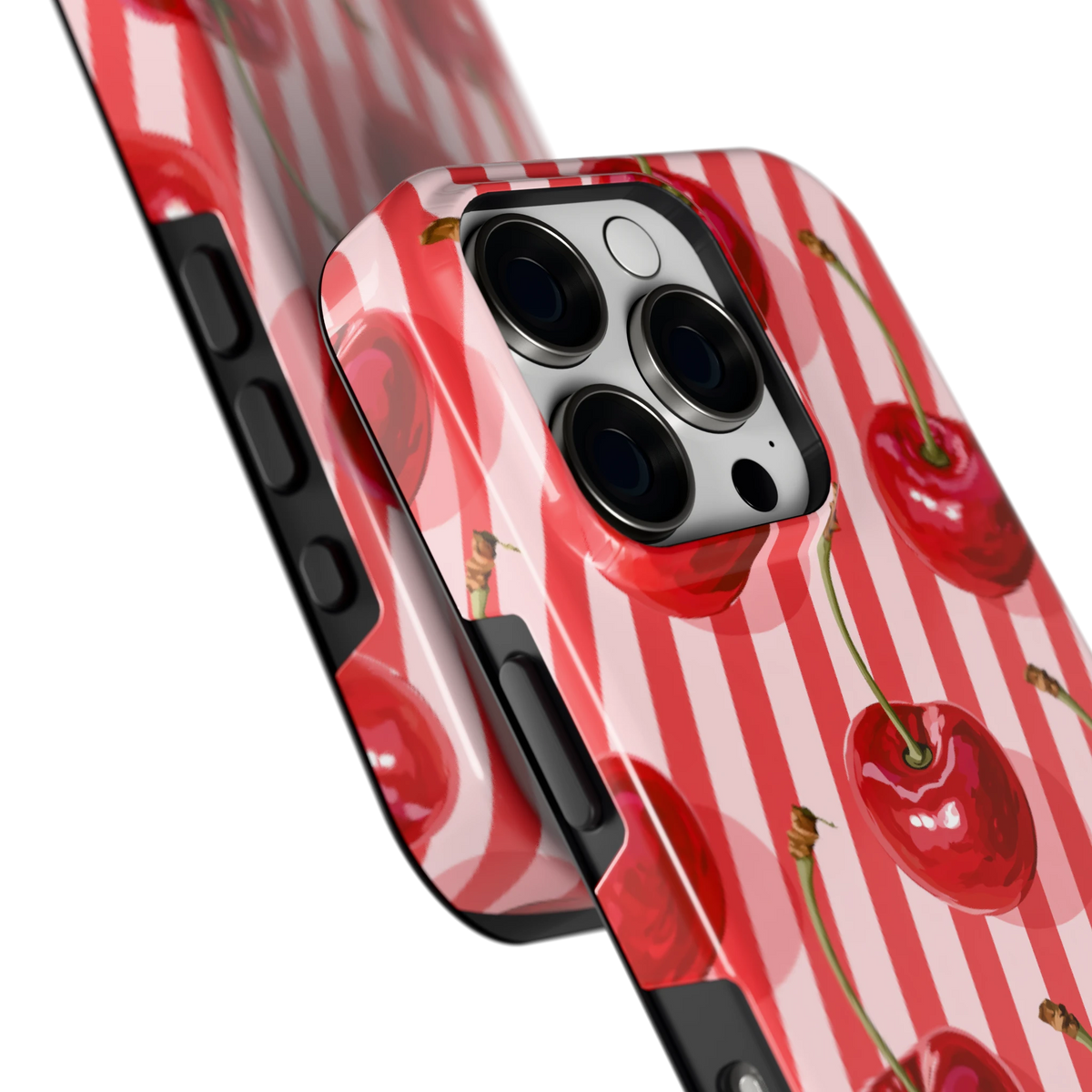 Kersenstreep hoesje voor iPhone 16 Pro, close-up