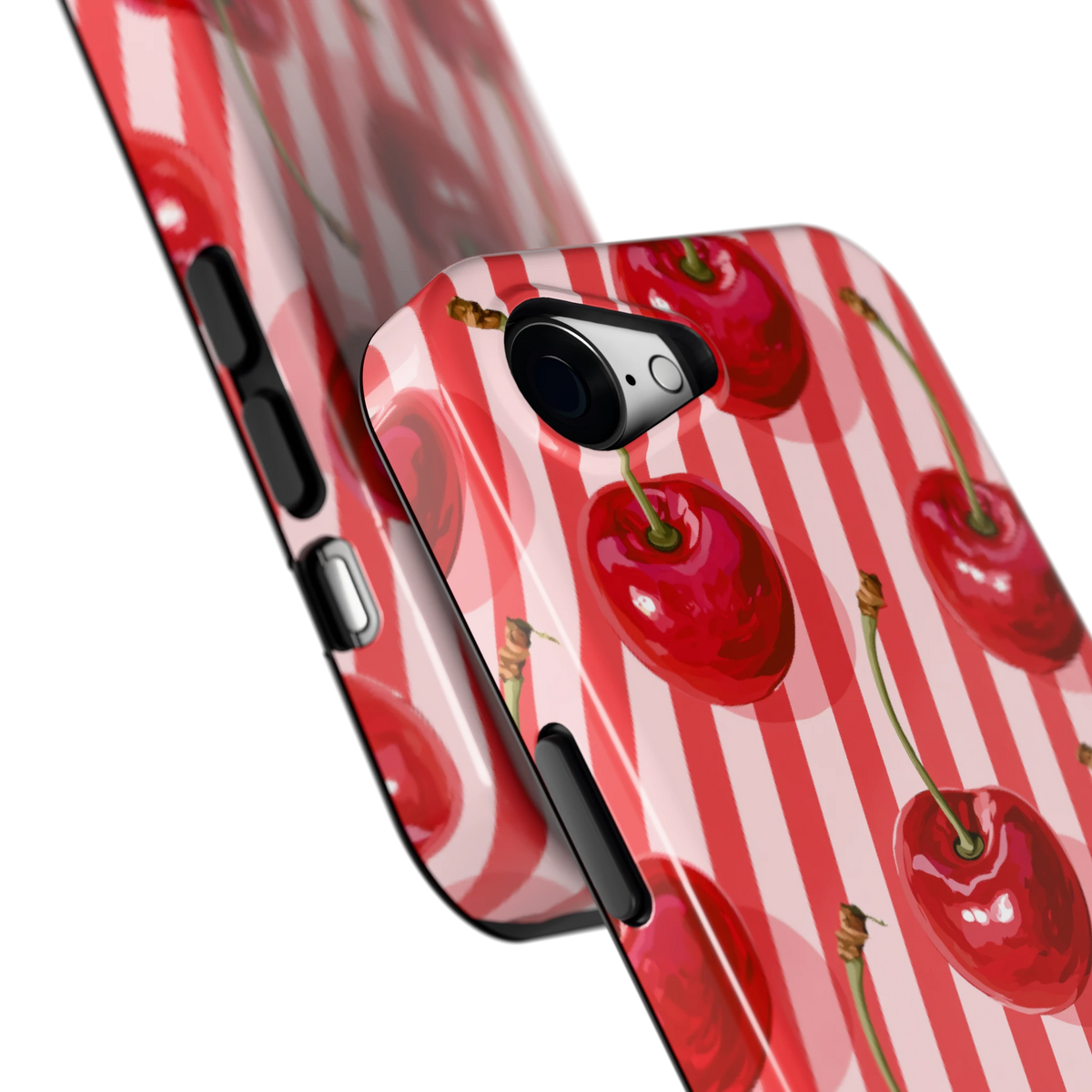 Kersenstreep hoesje voor iPhone 16e, close-up