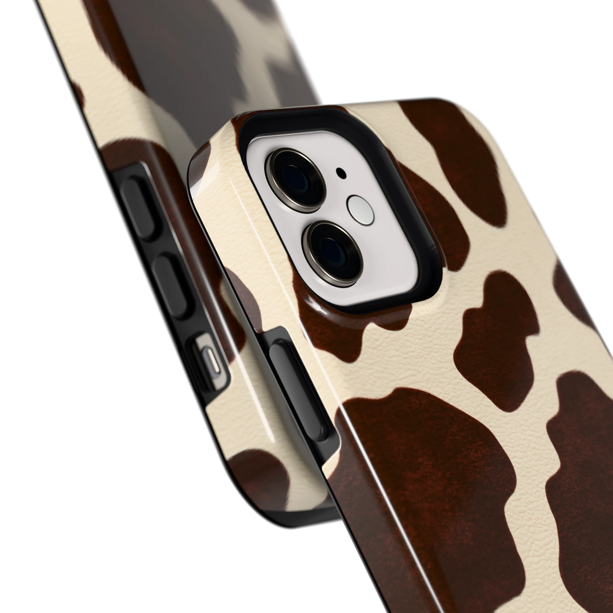 Chocolade Koeienprint hoesje voor iPhone 12, close-up