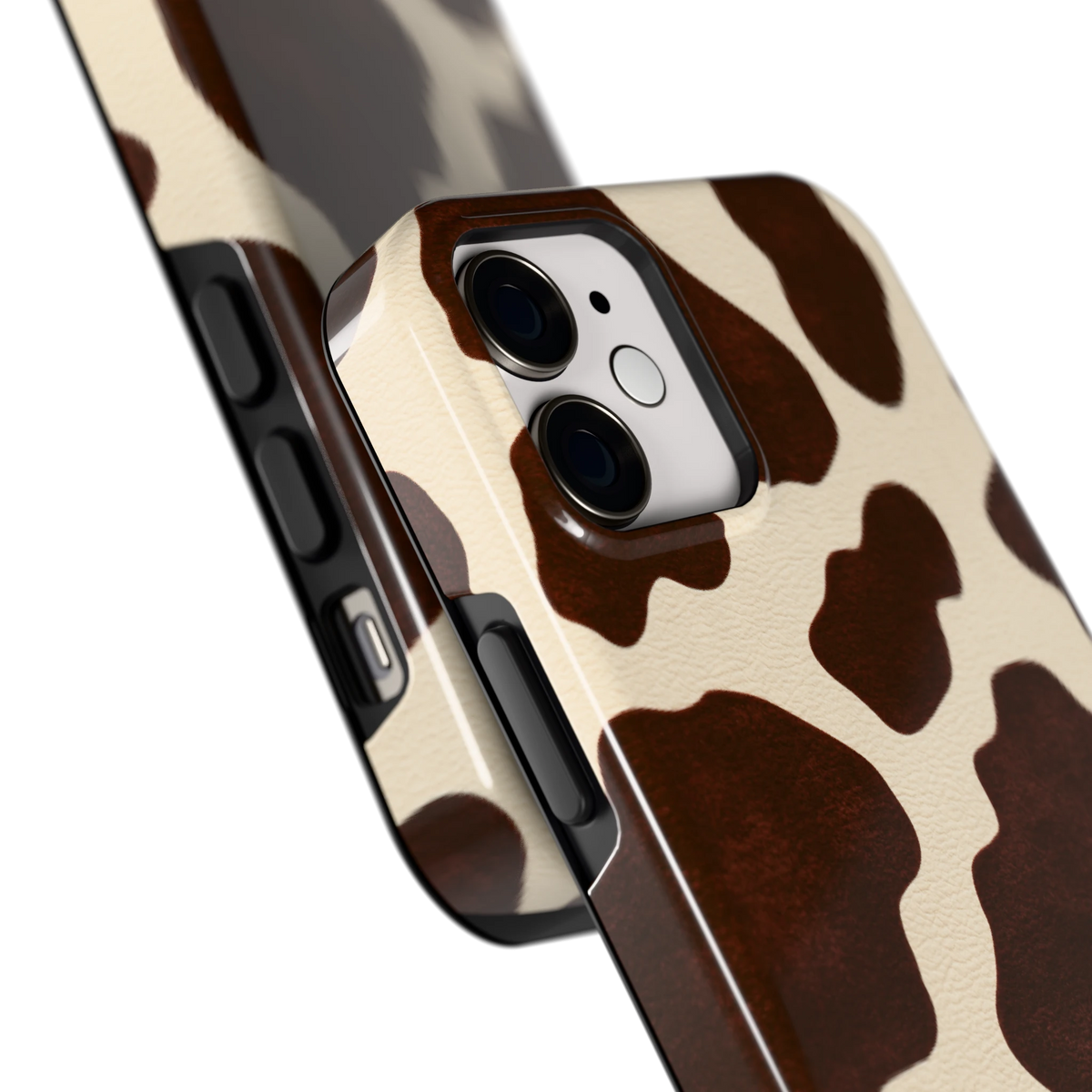Chocolade Koeienprint hoesje voor iPhone 12 mini, close-up