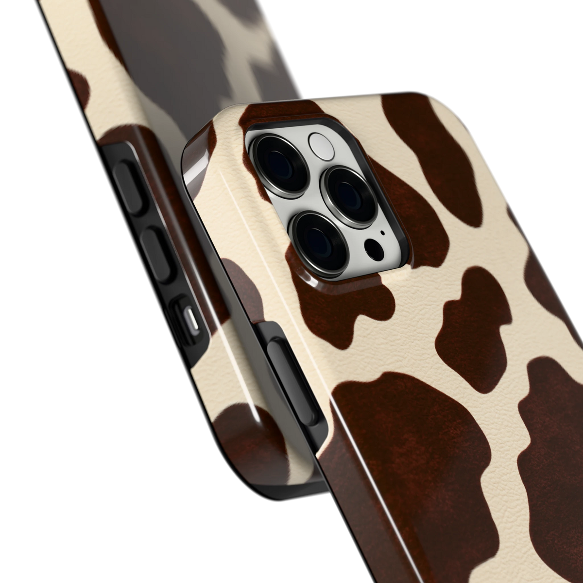 Chocolade Koeienprint hoesje voor iPhone 12 Pro Max, close-up