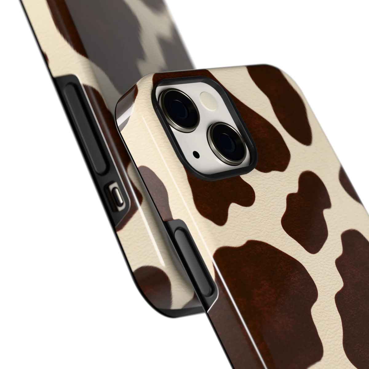 Chocolade Koeienprint hoesje voor iPhone 13, close-up