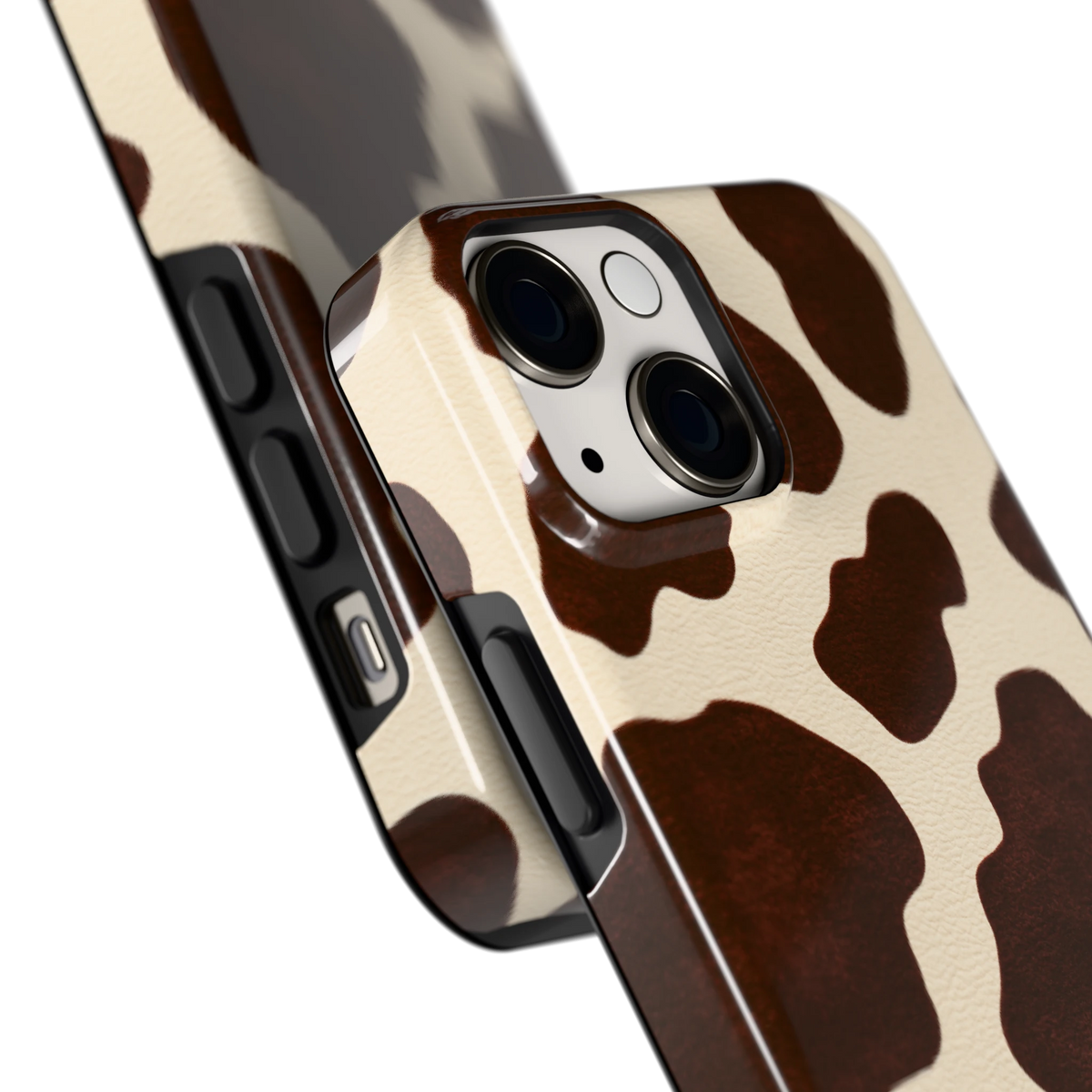 Chocolade Koeienprint hoesje voor iPhone 13 mini, close-up