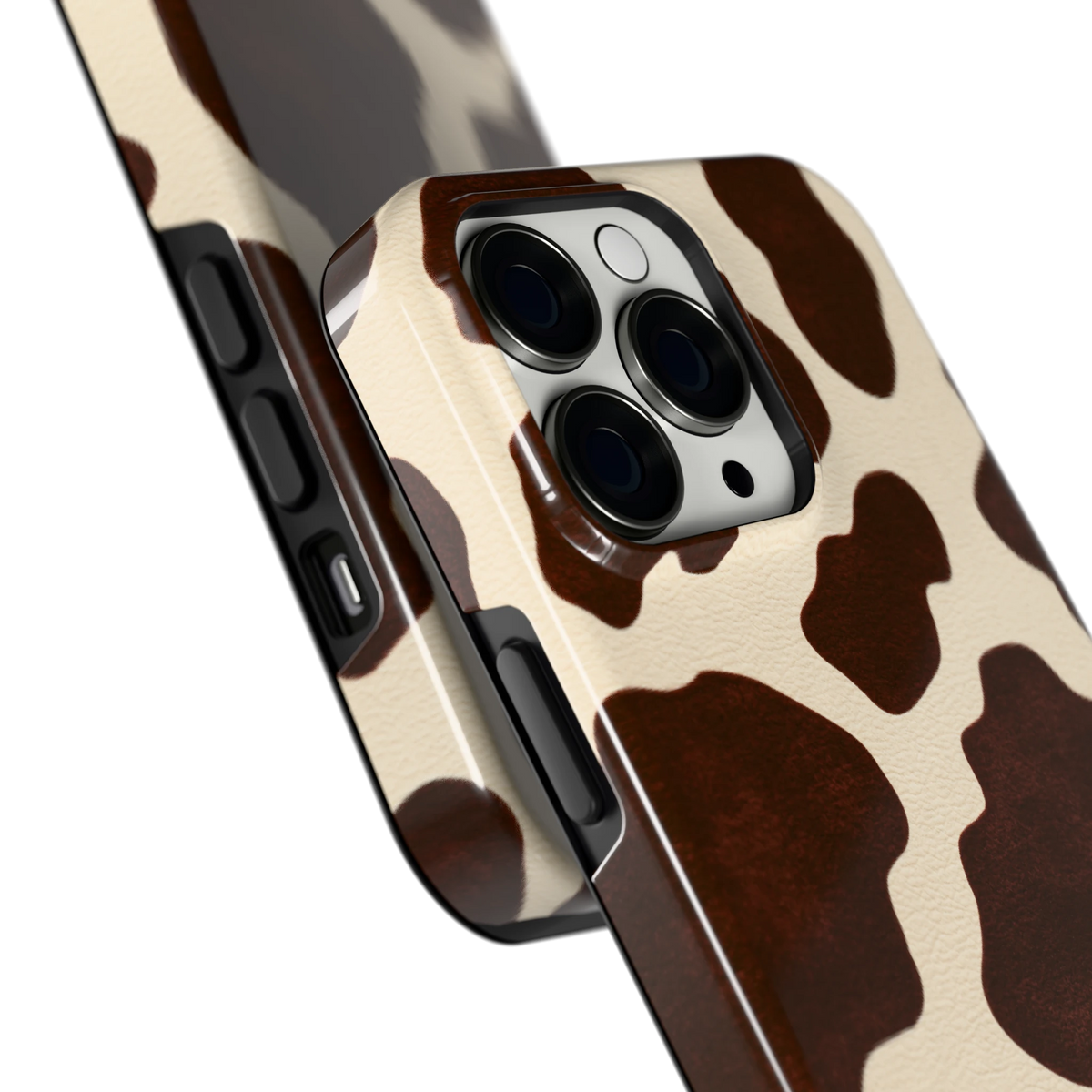 Chocolade Koeienprint hoesje voor iPhone 13 Pro, close-up