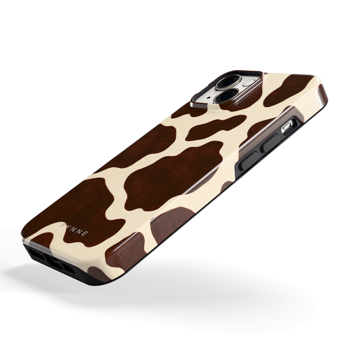 Chocolade Koeienprint hoesje voor iPhone 14, schuin