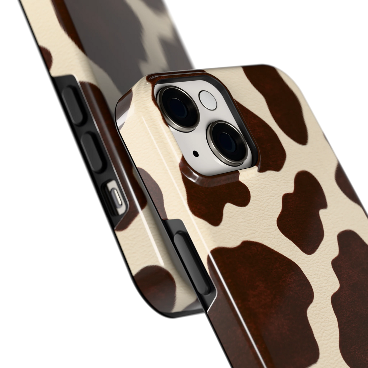 Chocolade Koeienprint hoesje voor iPhone 14, close-up