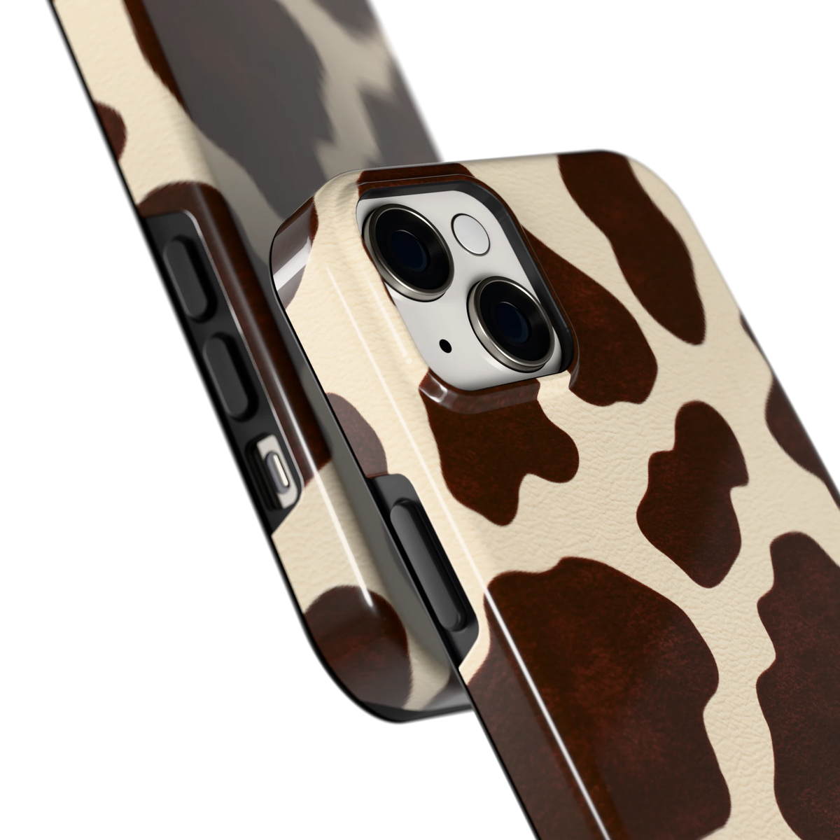 Chocolade Koeienprint hoesje voor iPhone 14 Plus, close-up