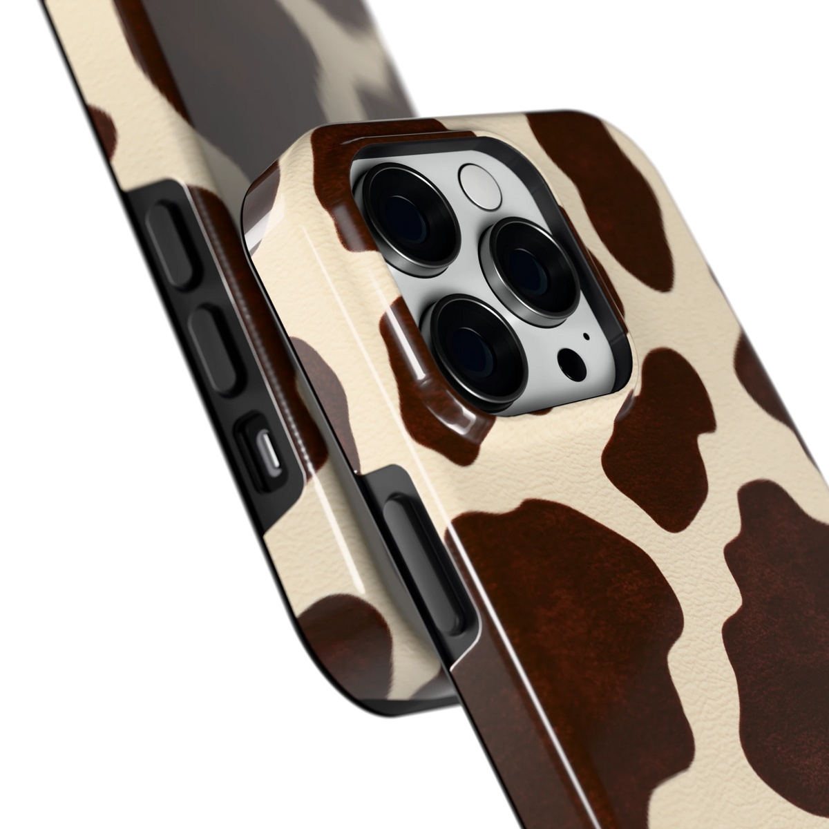Chocolade Koeienprint hoesje voor iPhone 14 Pro, close-up