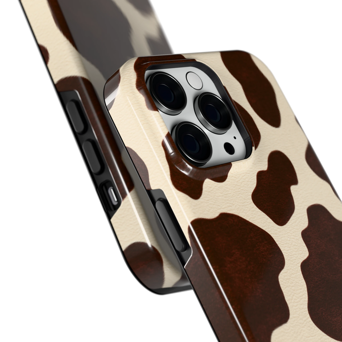 Chocolade Koeienprint hoesje voor iPhone 14 Pro Max, close-up