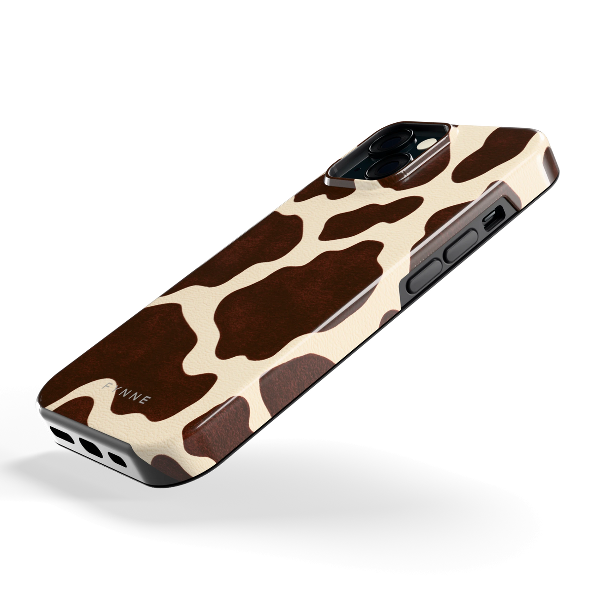 Chocolade Koeienprint hoesje voor iPhone 15, schuin