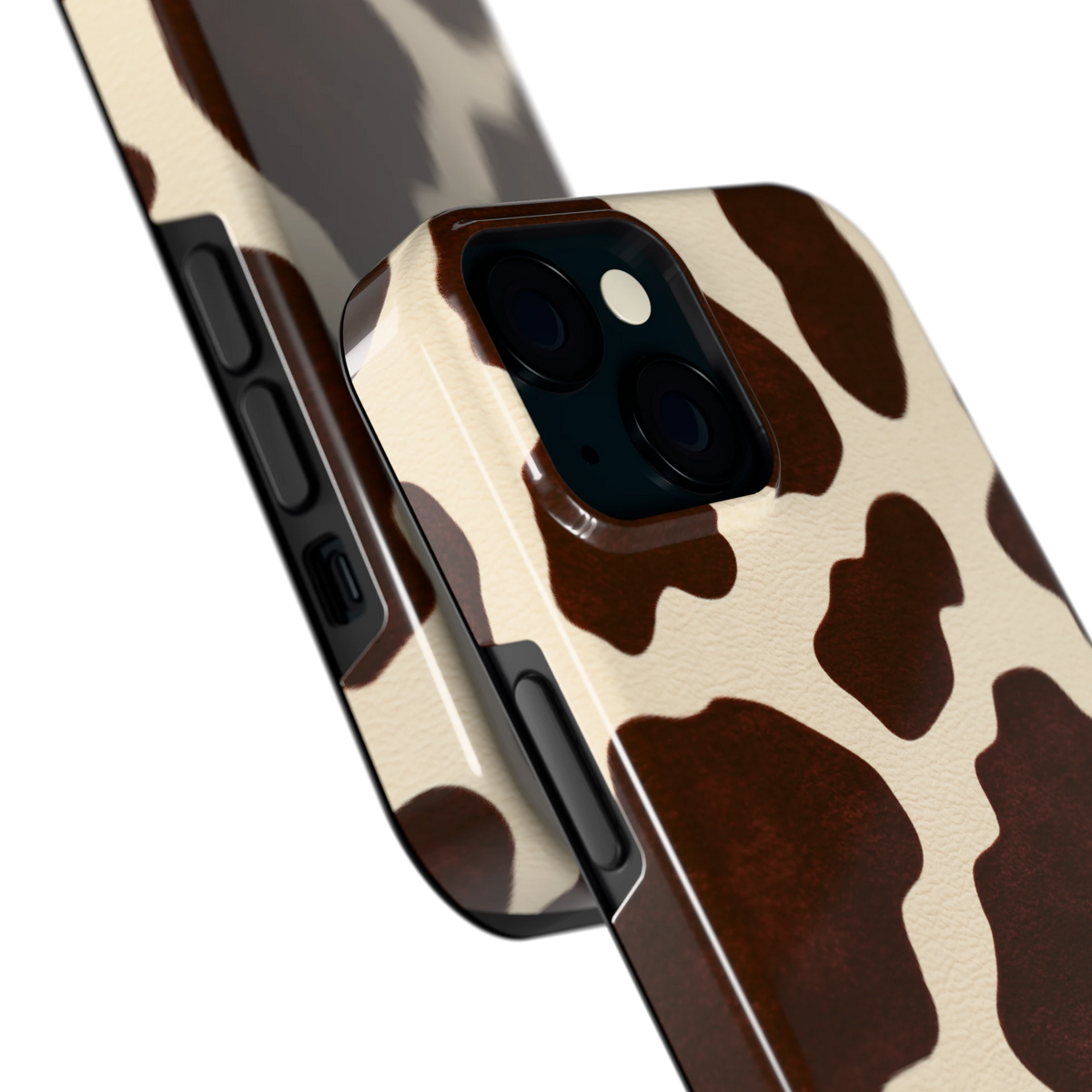 Chocolade Koeienprint hoesje voor iPhone 15, close-up