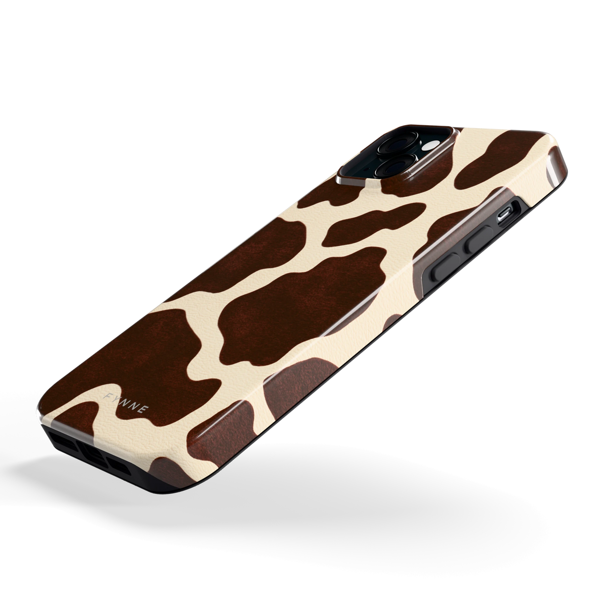 Chocolade Koeienprint hoesje voor iPhone 15 Plus, schuin