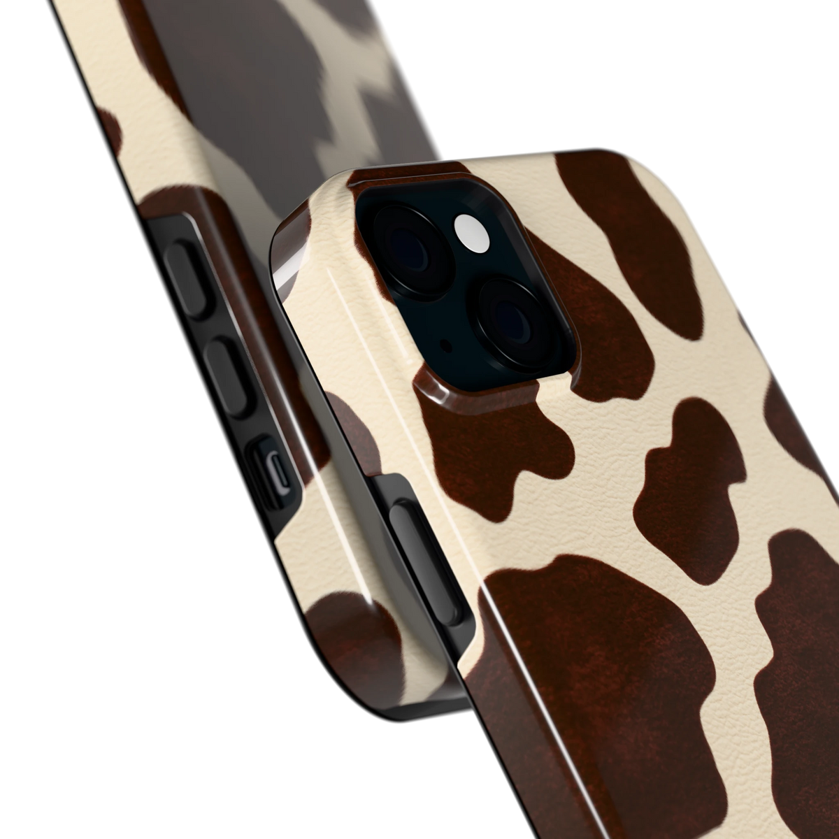 Chocolade Koeienprint hoesje voor iPhone 15 Plus, close-up