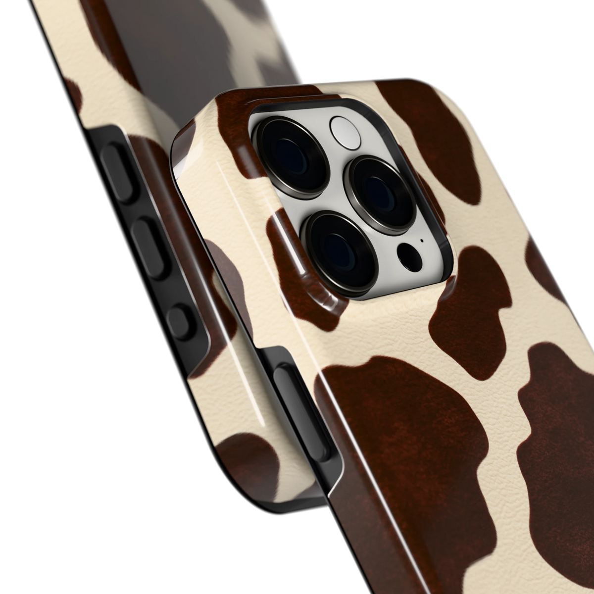 Chocolade Koeienprint hoesje voor iPhone 15 Pro, close-up
